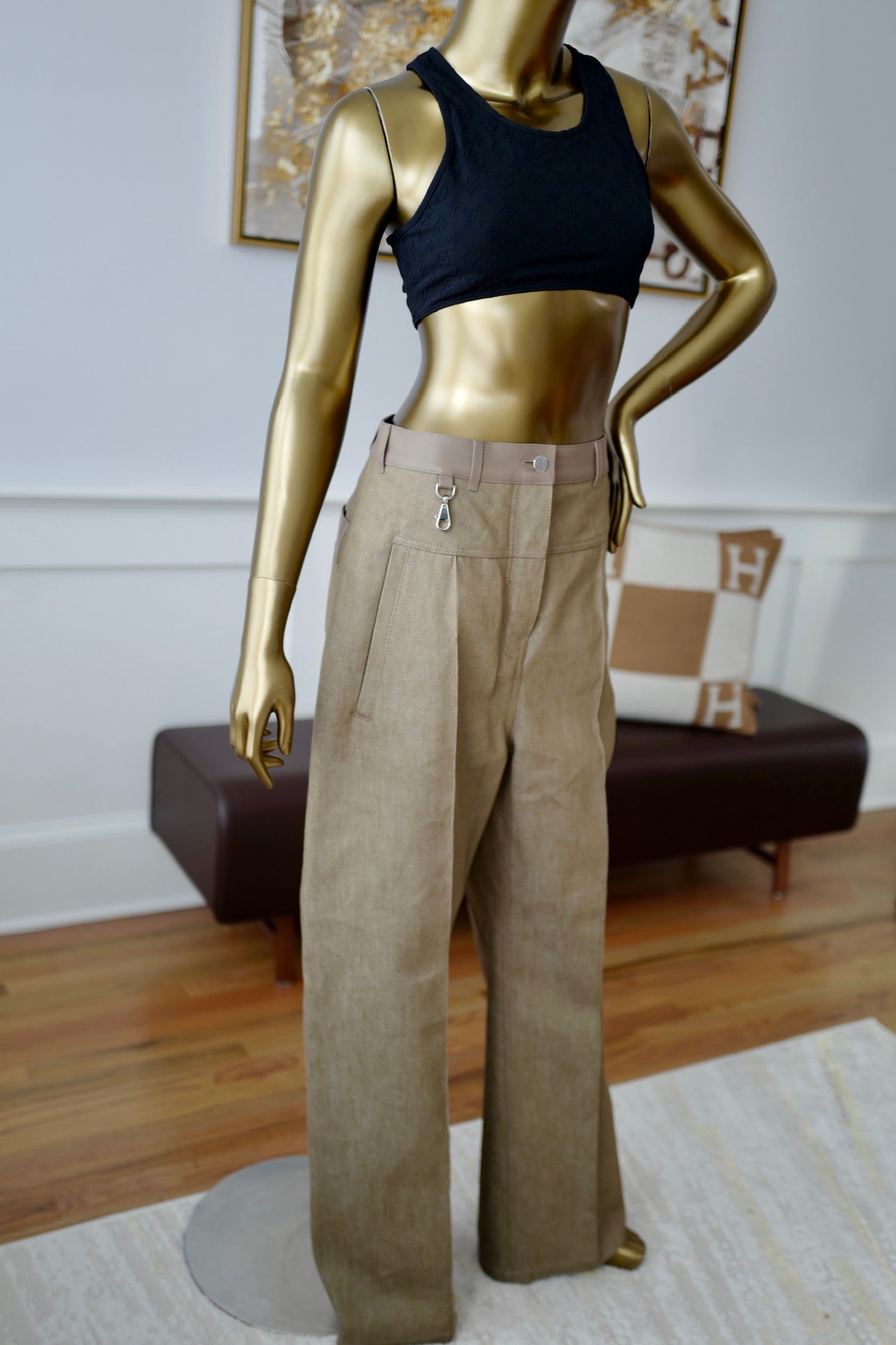 NEW Hermès SS25 Loose-Fit Pants with Leather Detail Denim Naturel/Vert - Size 38