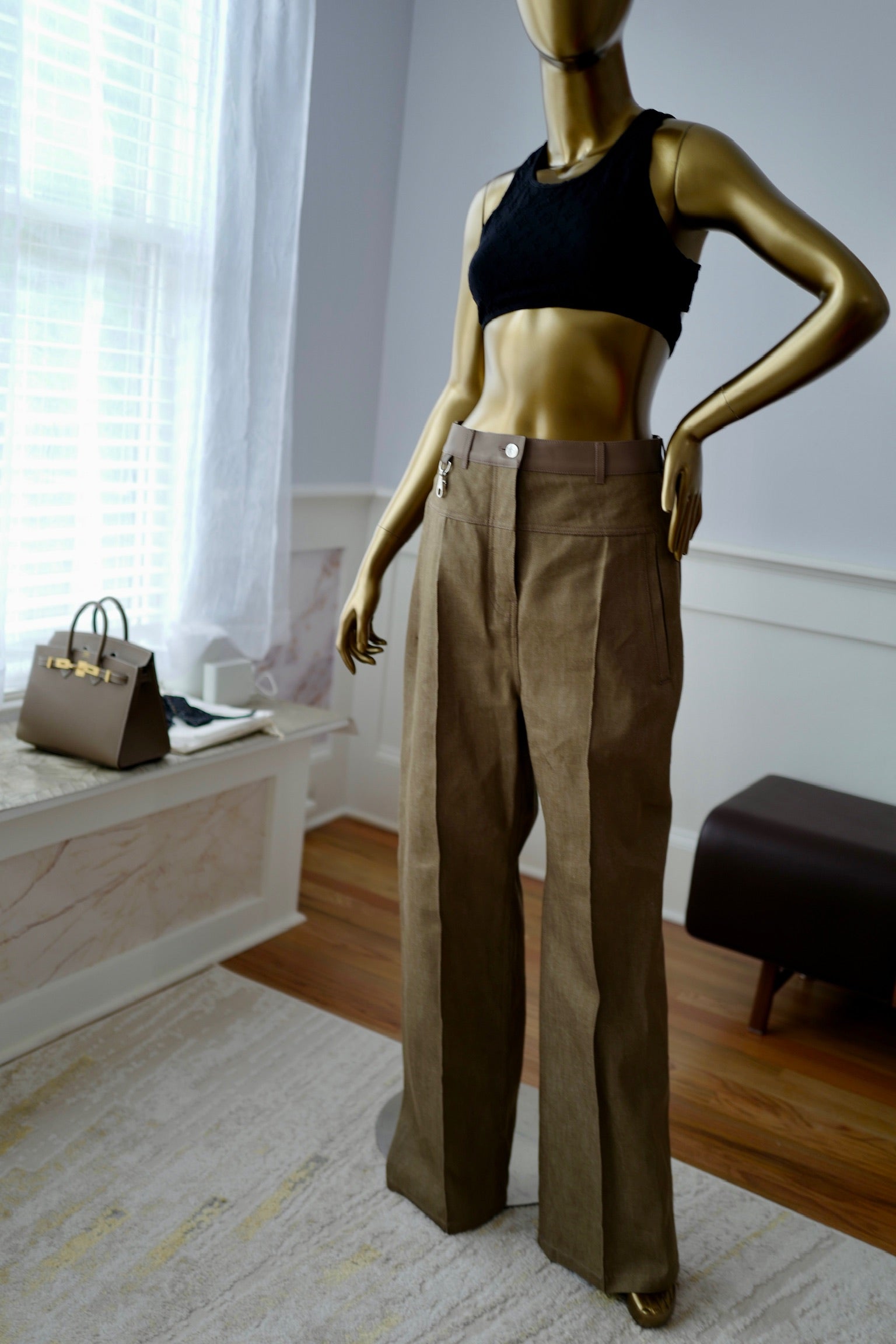 NEW Hermès SS25 Loose-Fit Pants with Leather Detail Denim Naturel/Vert - Size 38