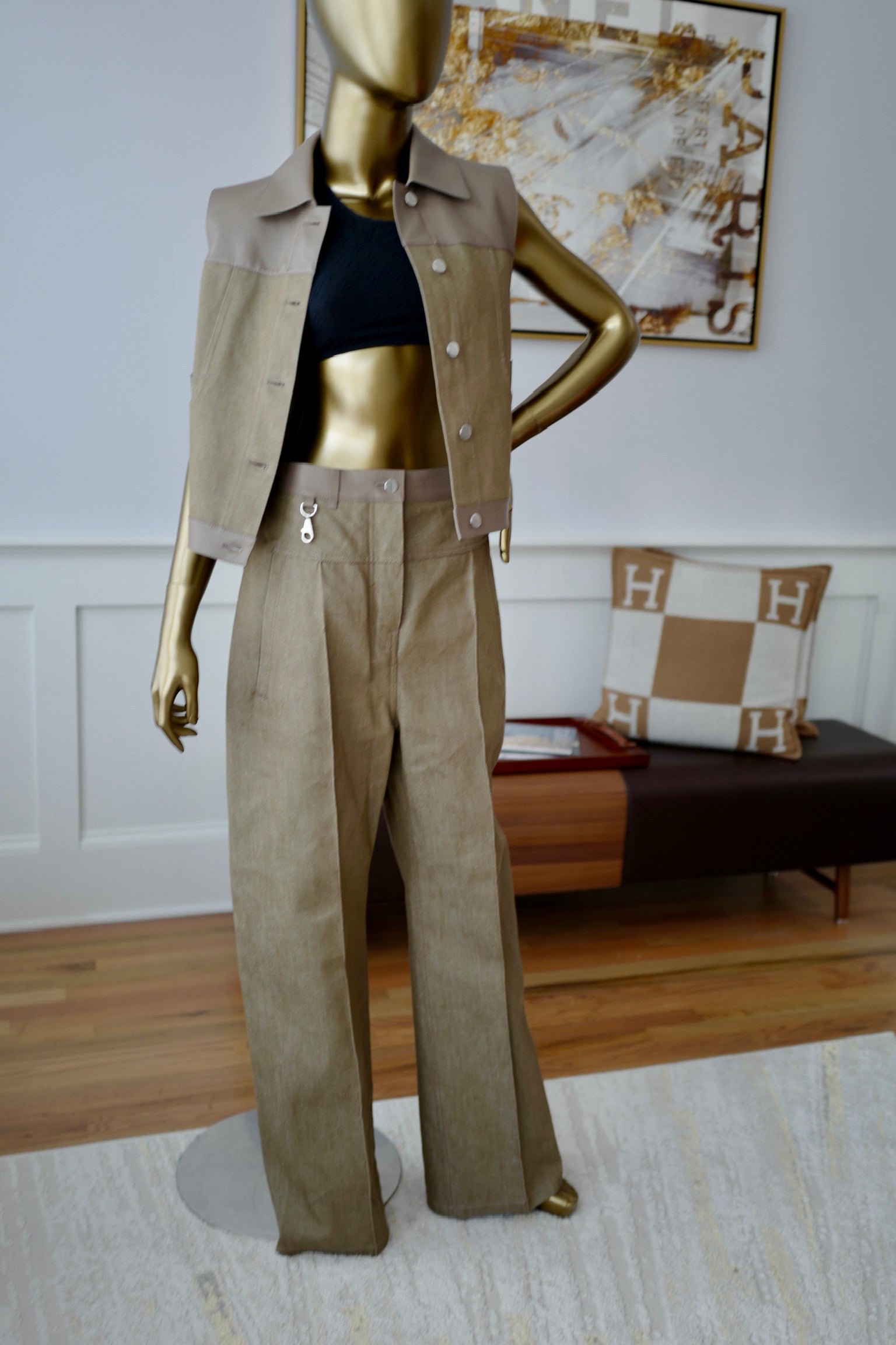 NEW Hermès SS25 Loose-Fit Pants with Leather Detail Denim Naturel/Vert - Size 38
