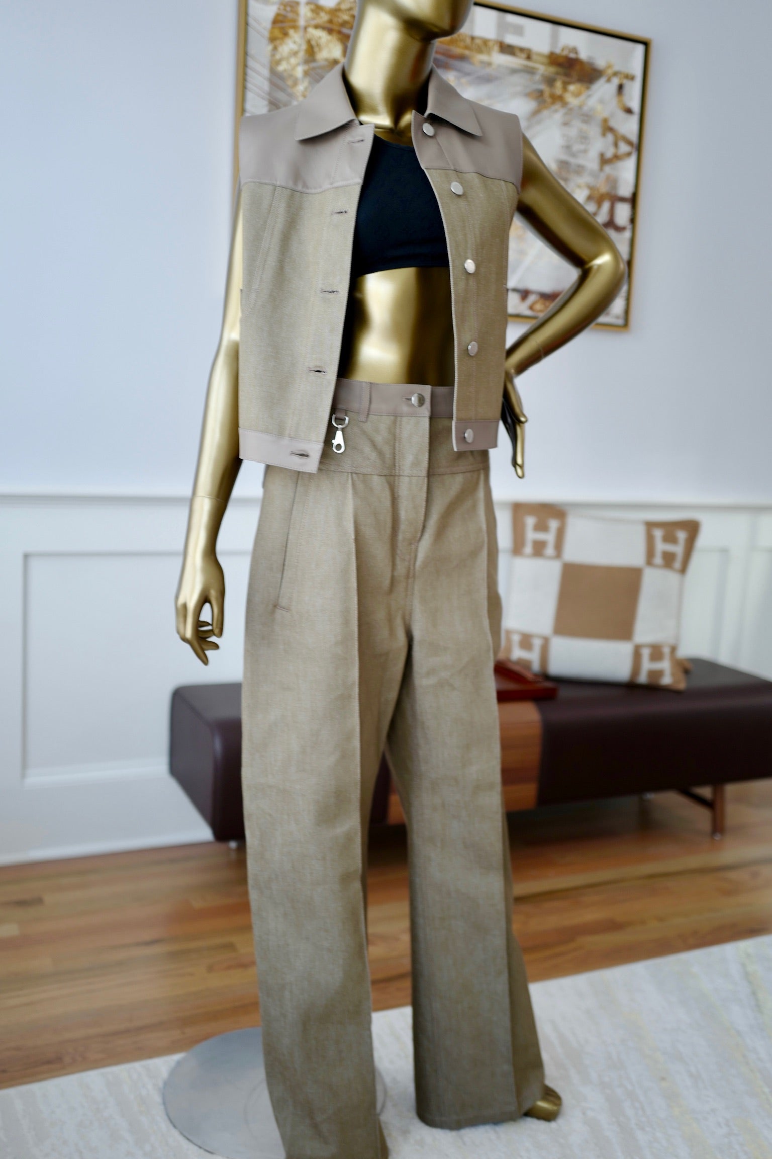 NEW Hermès SS25 Loose-Fit Pants with Leather Detail Denim Naturel/Vert - Size 38