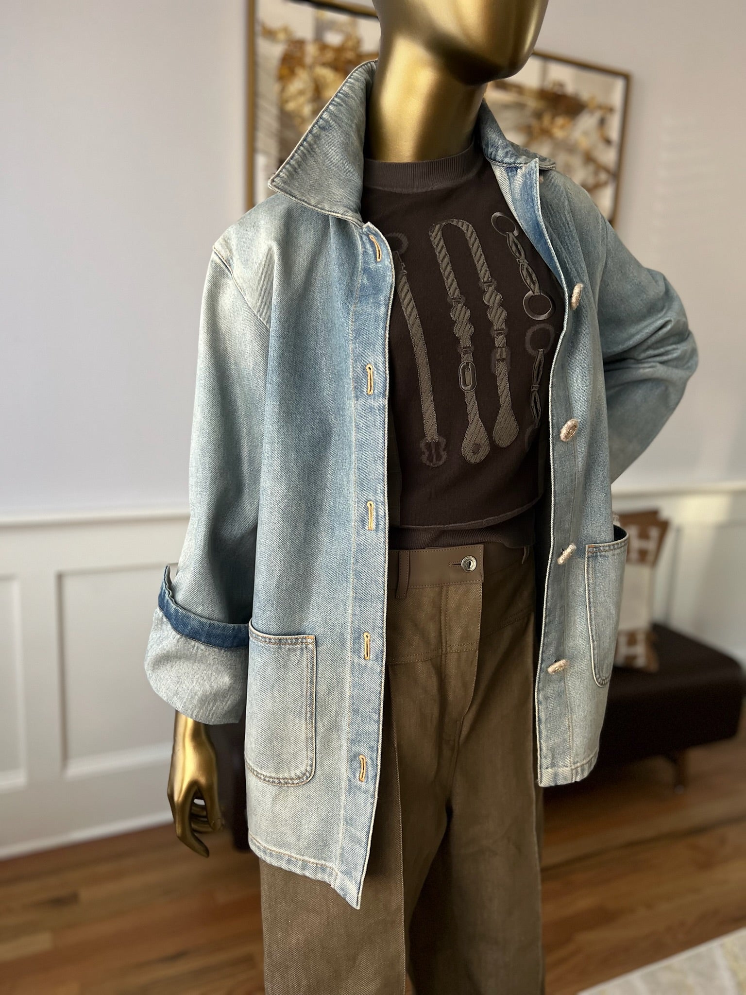 Chanel 24K Water-Repellent Coated Long Oversized Denim Jacket Light Blue Size 34