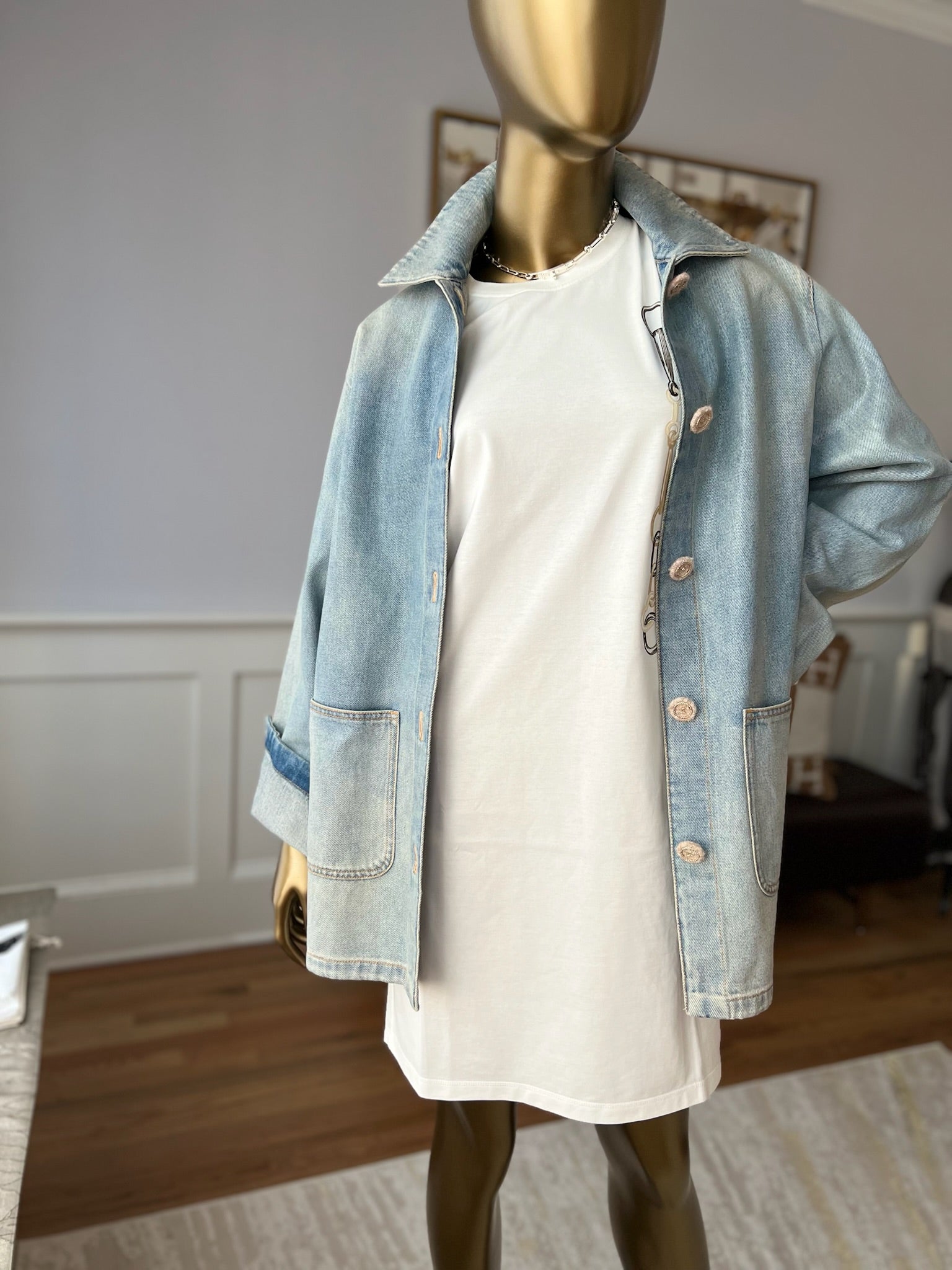 Chanel 24K Water-Repellent Coated Long Oversized Denim Jacket Light Blue Size 34