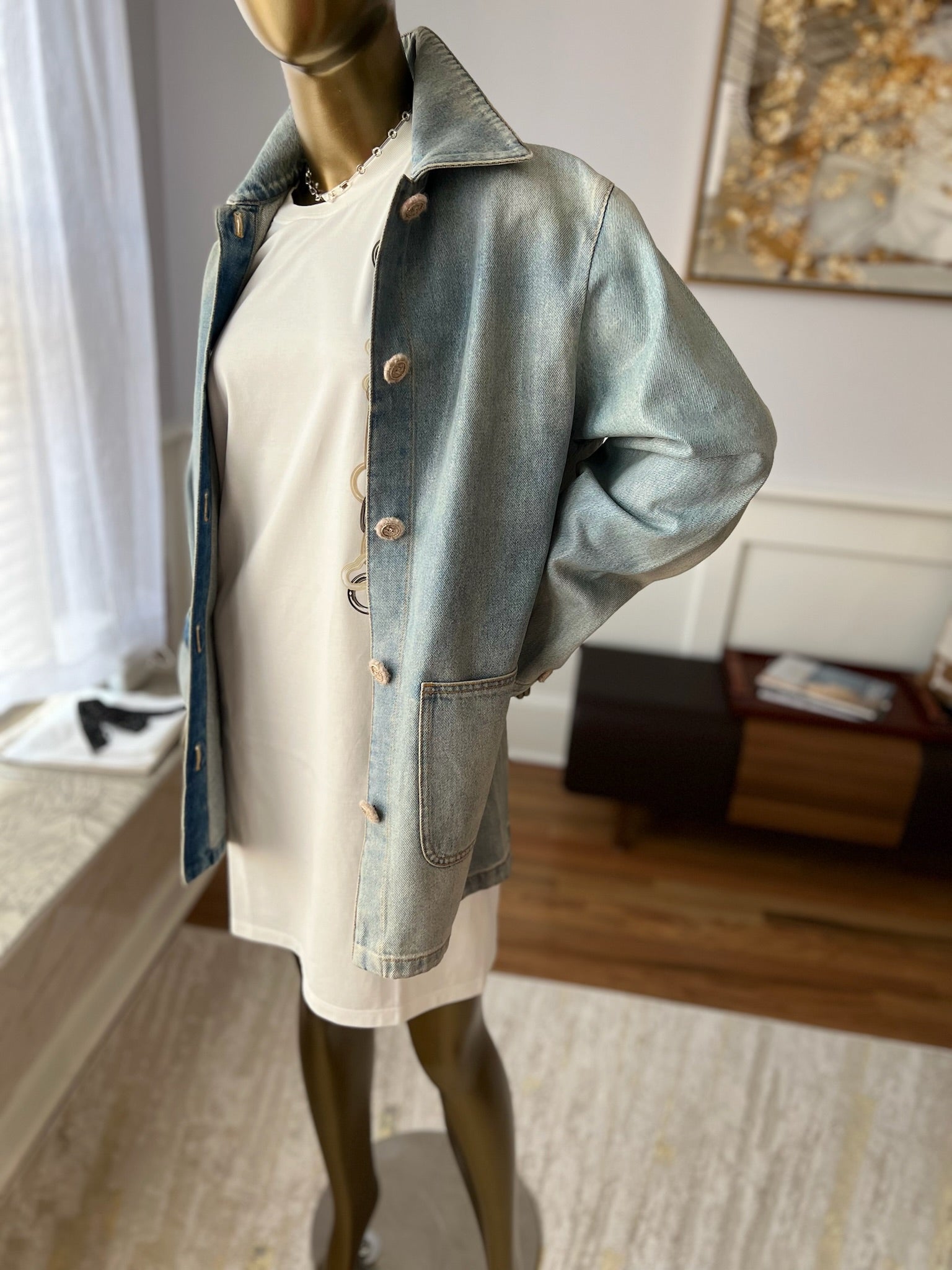 Chanel 24K Water-Repellent Coated Long Oversized Denim Jacket Light Blue Size 34
