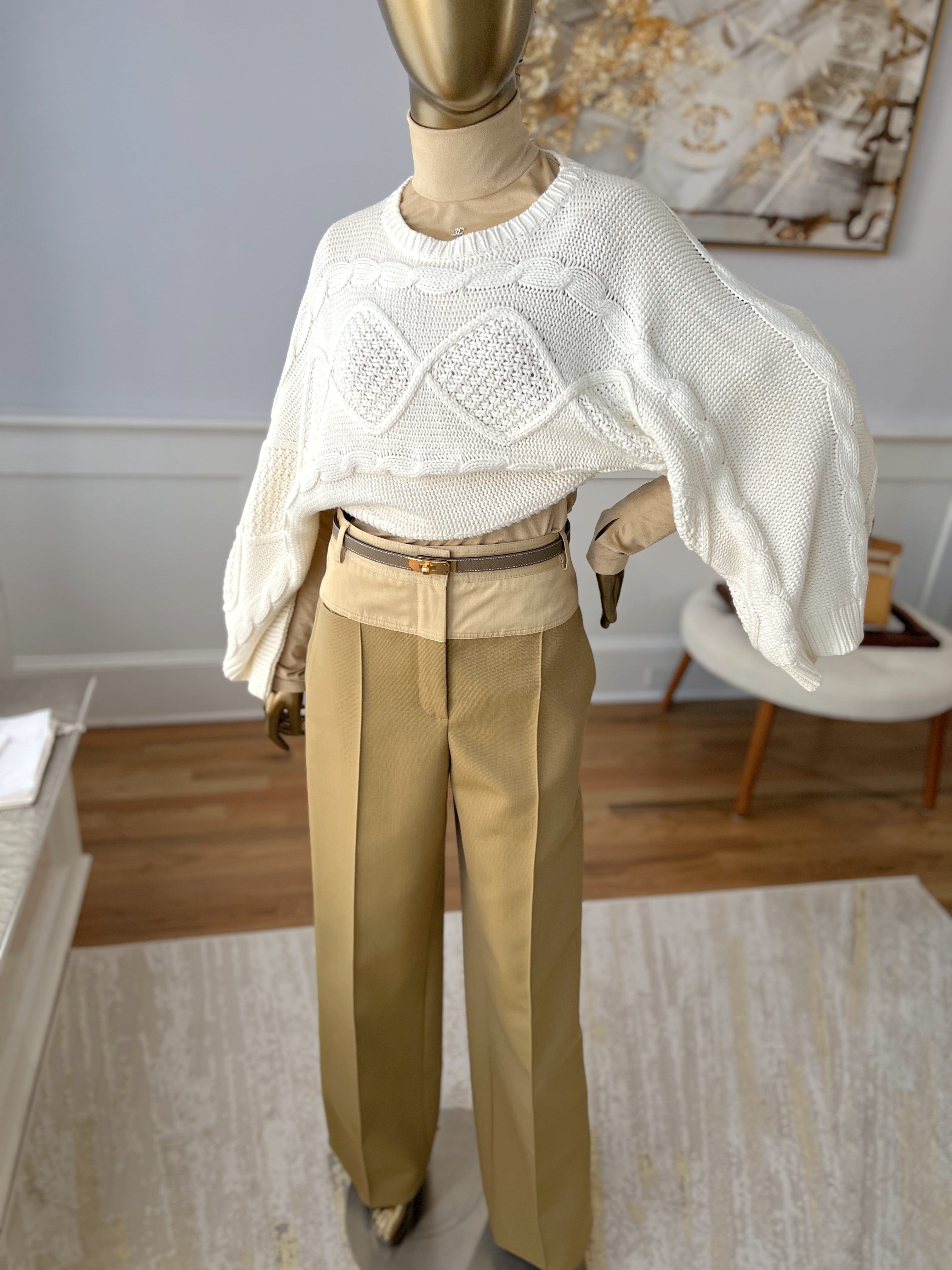 NEW Hermès Loose Fit Pants Wide Leg SS25 in Beige/Vert Muscade Size 38 Over $3K