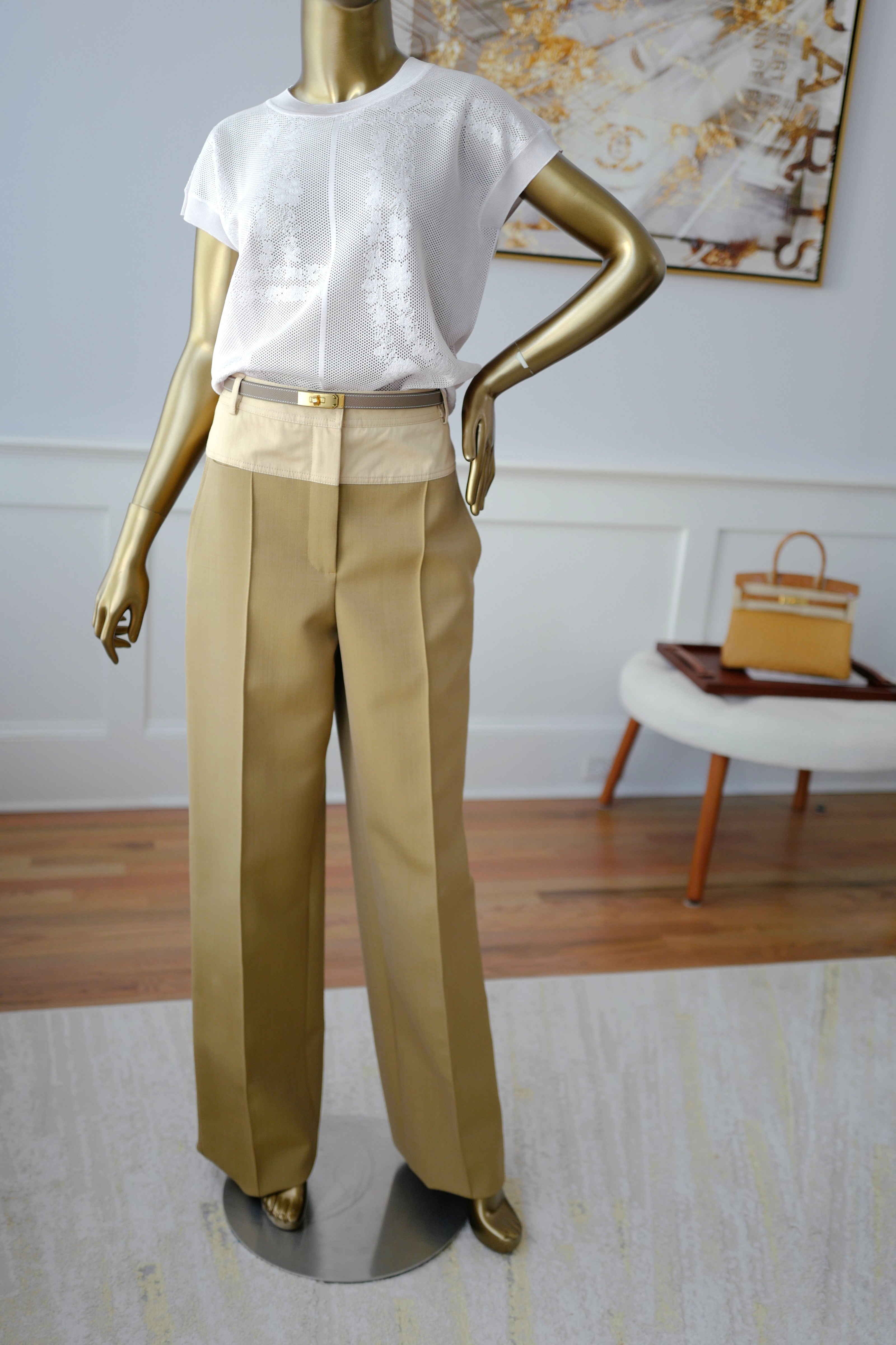 NEW Hermès Loose Fit Pants Wide Leg SS25 in Beige/Vert Muscade Size 38 Over $3K