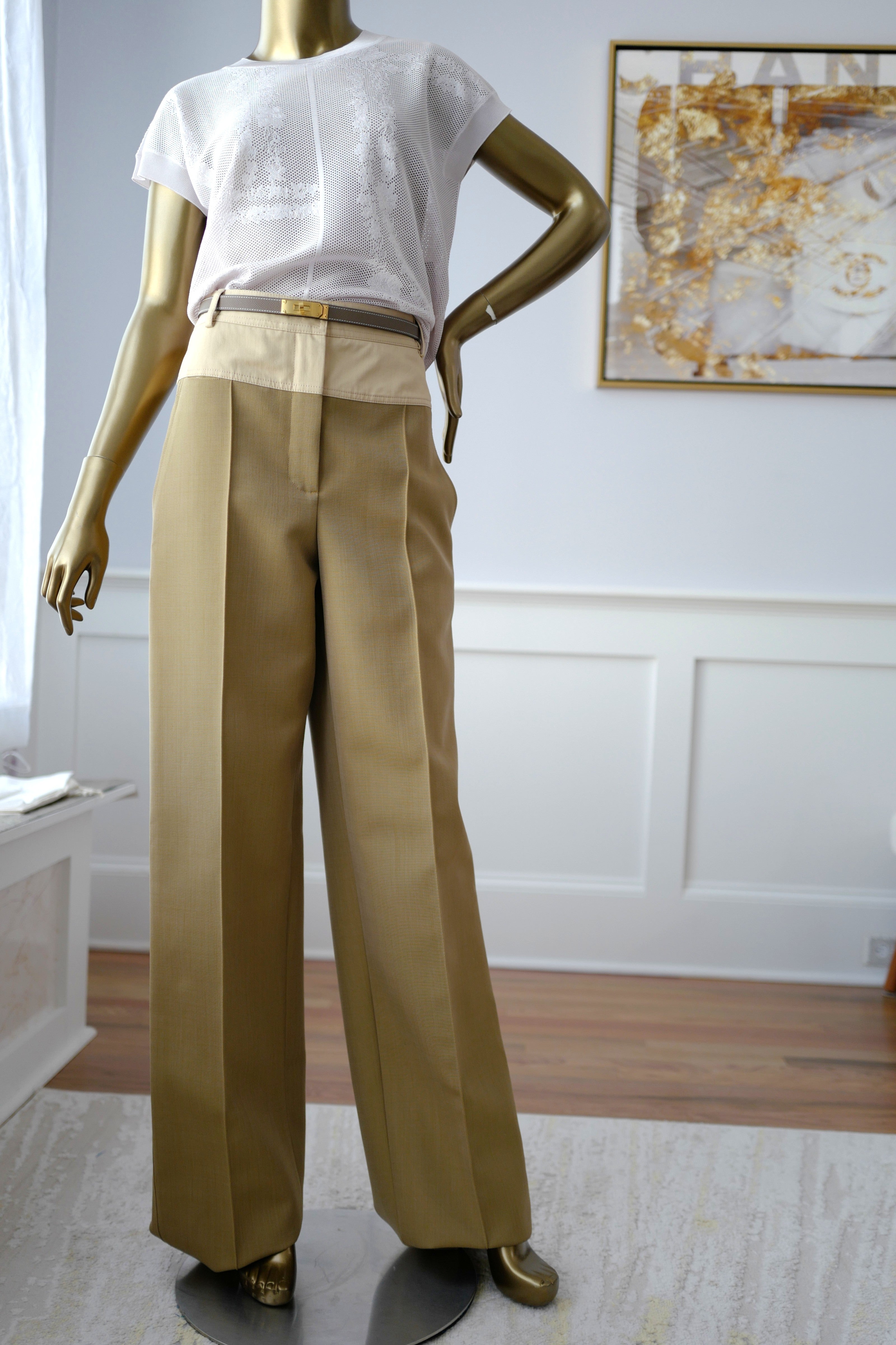 NEW Hermès Loose Fit Pants Wide Leg SS25 in Beige/Vert Muscade Size 38 Over $3K