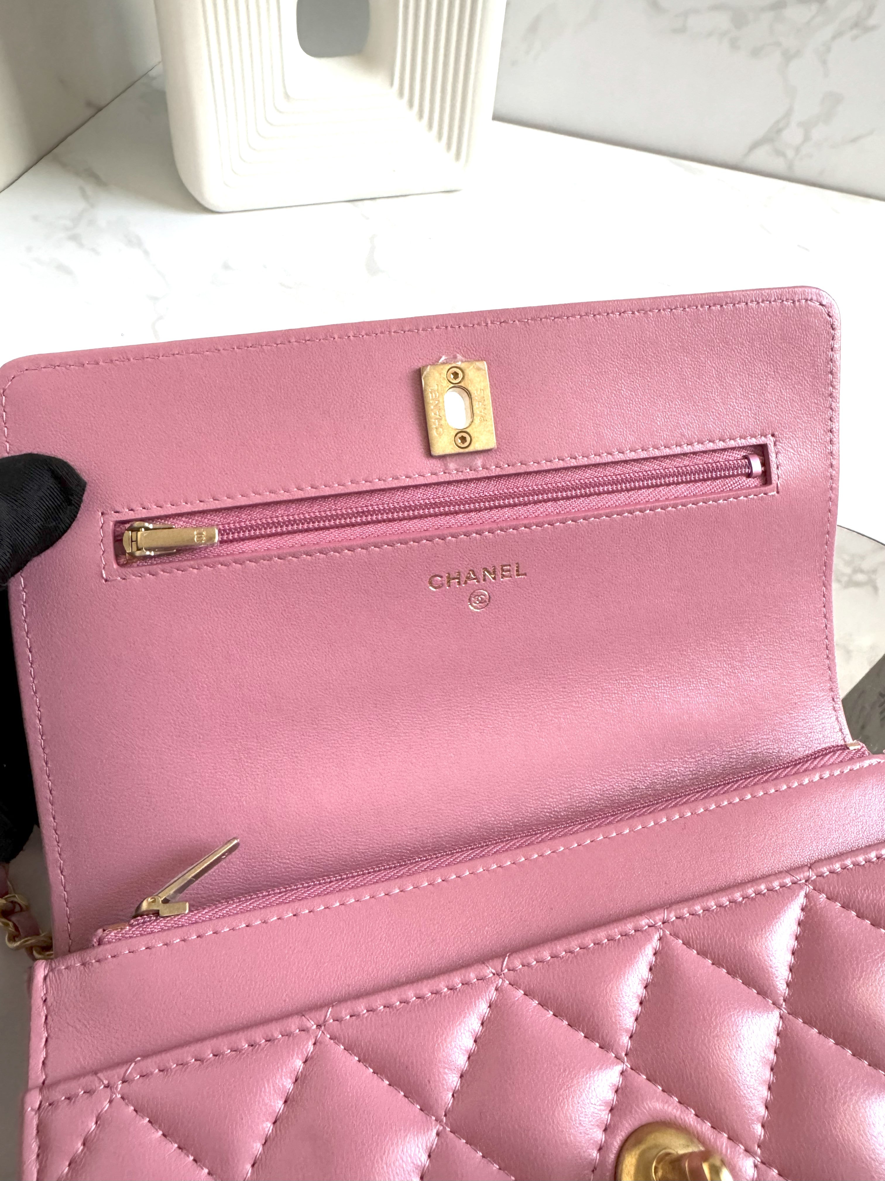 BNIB Chanel O-Mini Top Handle Bag in Pink with Crystal-Embellished Logo Gold HW