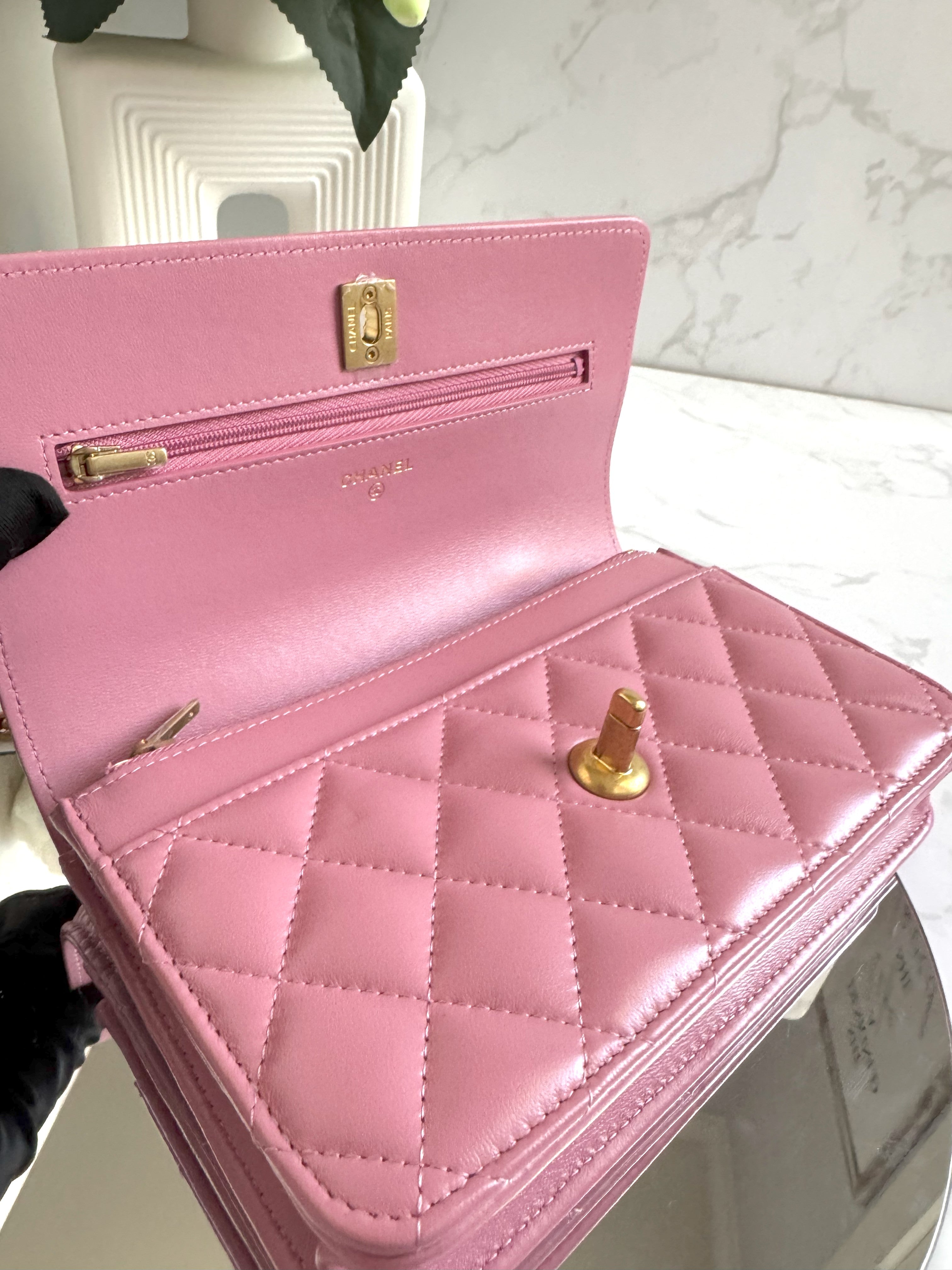 BNIB Chanel O-Mini Top Handle Bag in Pink with Crystal-Embellished Logo Gold HW