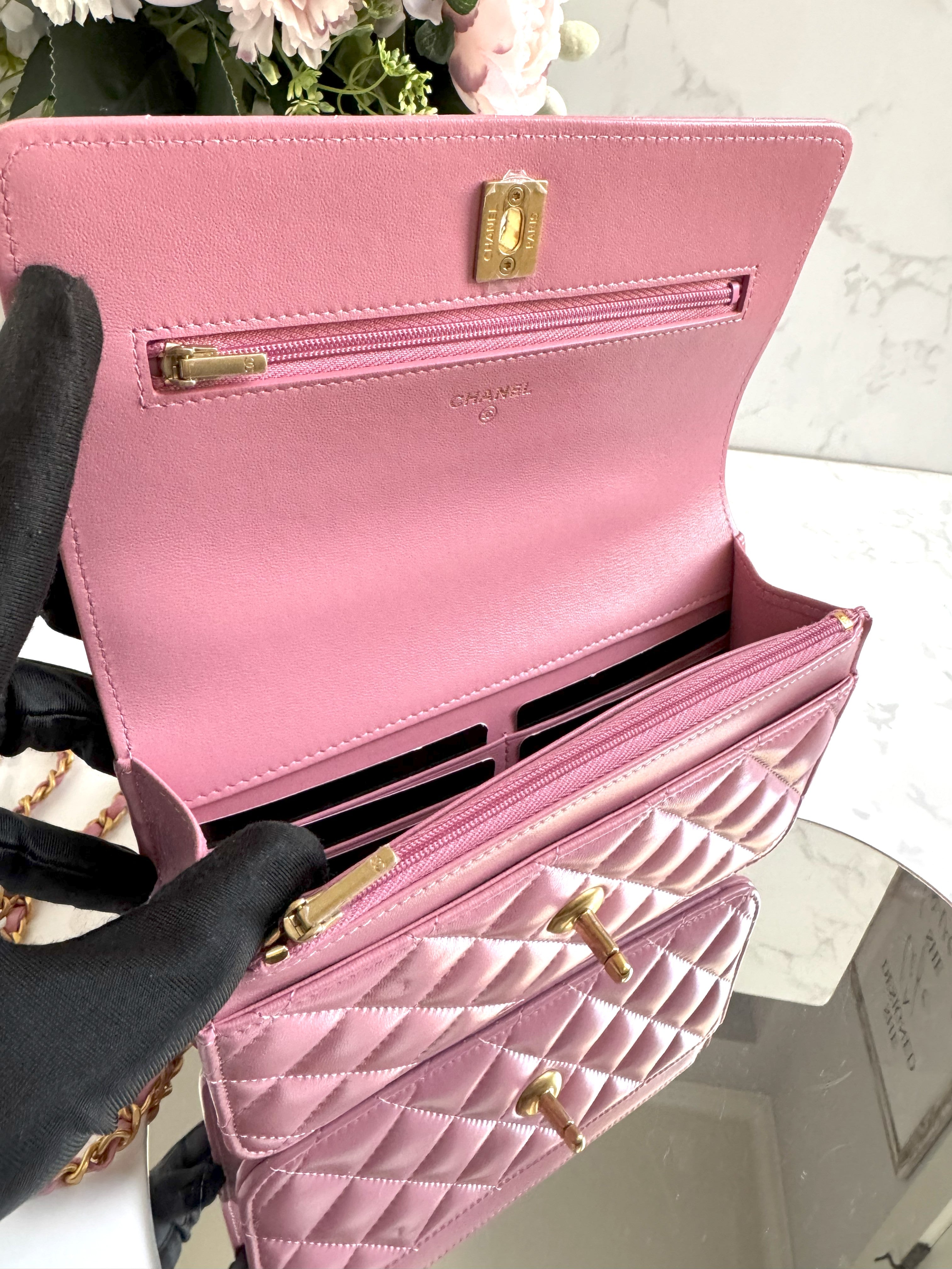 BNIB Chanel O-Mini Top Handle Bag in Pink with Crystal-Embellished Logo Gold HW