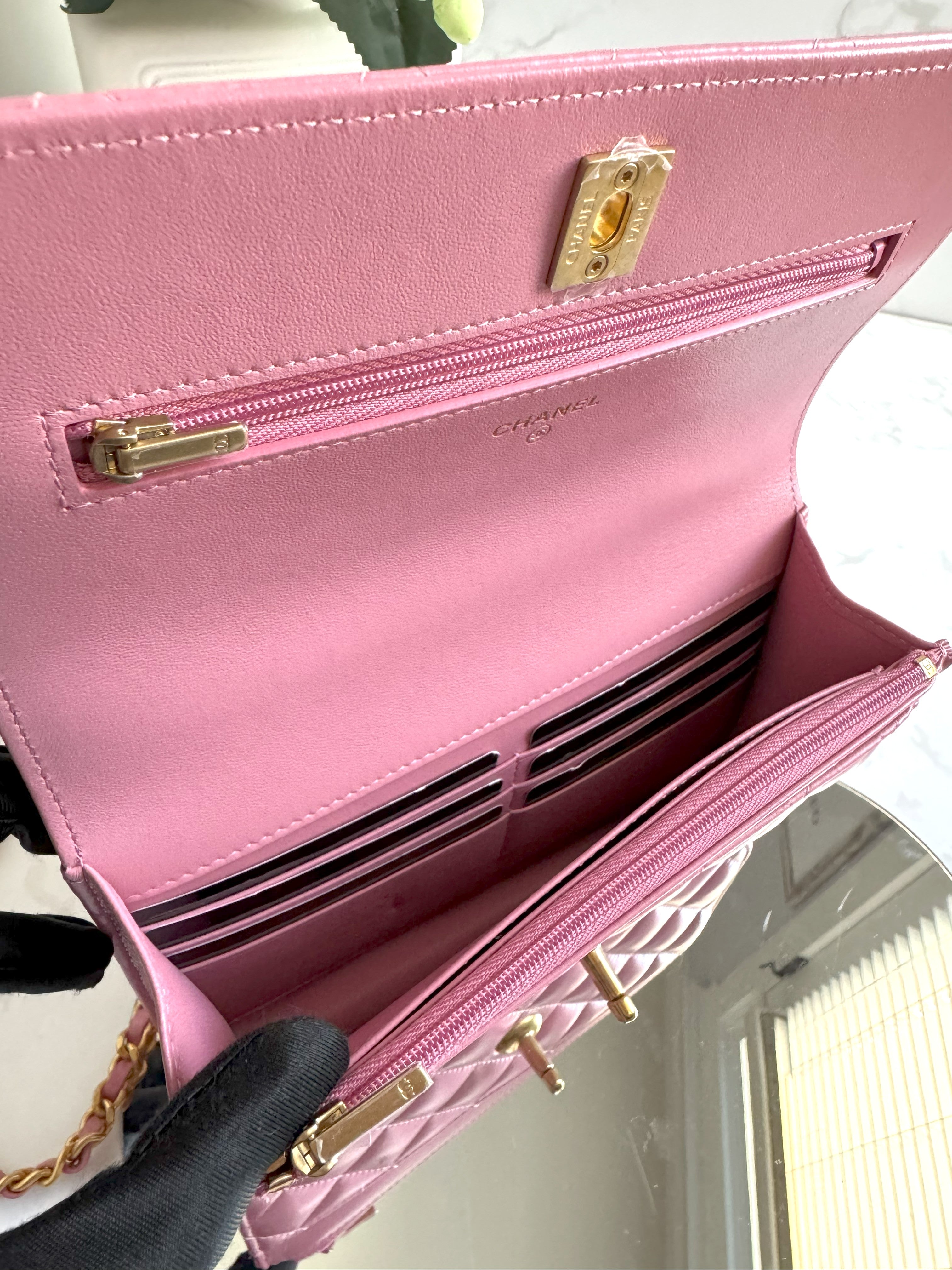 BNIB Chanel O-Mini Top Handle Bag in Pink with Crystal-Embellished Logo Gold HW