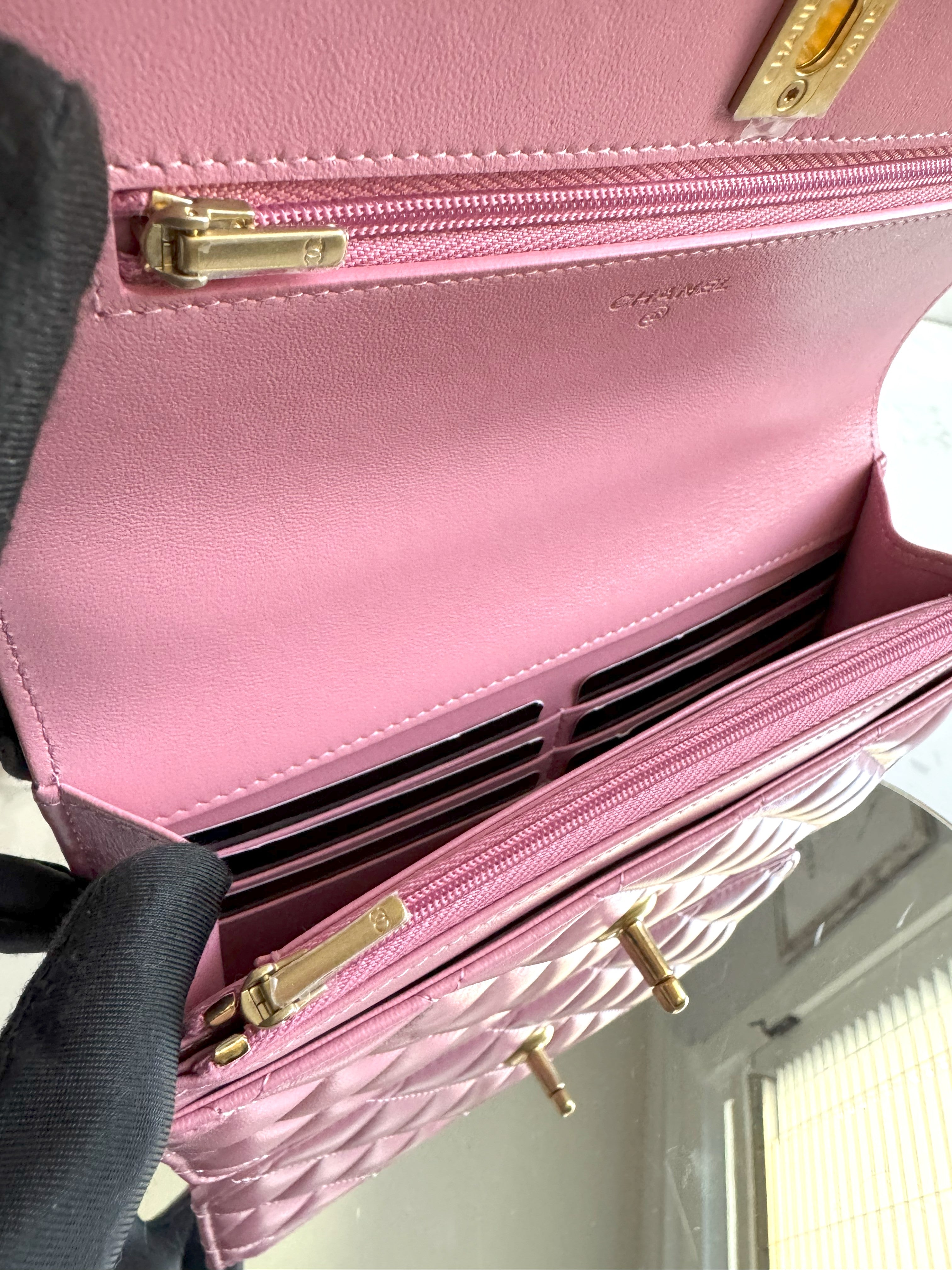 BNIB Chanel O-Mini Top Handle Bag in Pink with Crystal-Embellished Logo Gold HW
