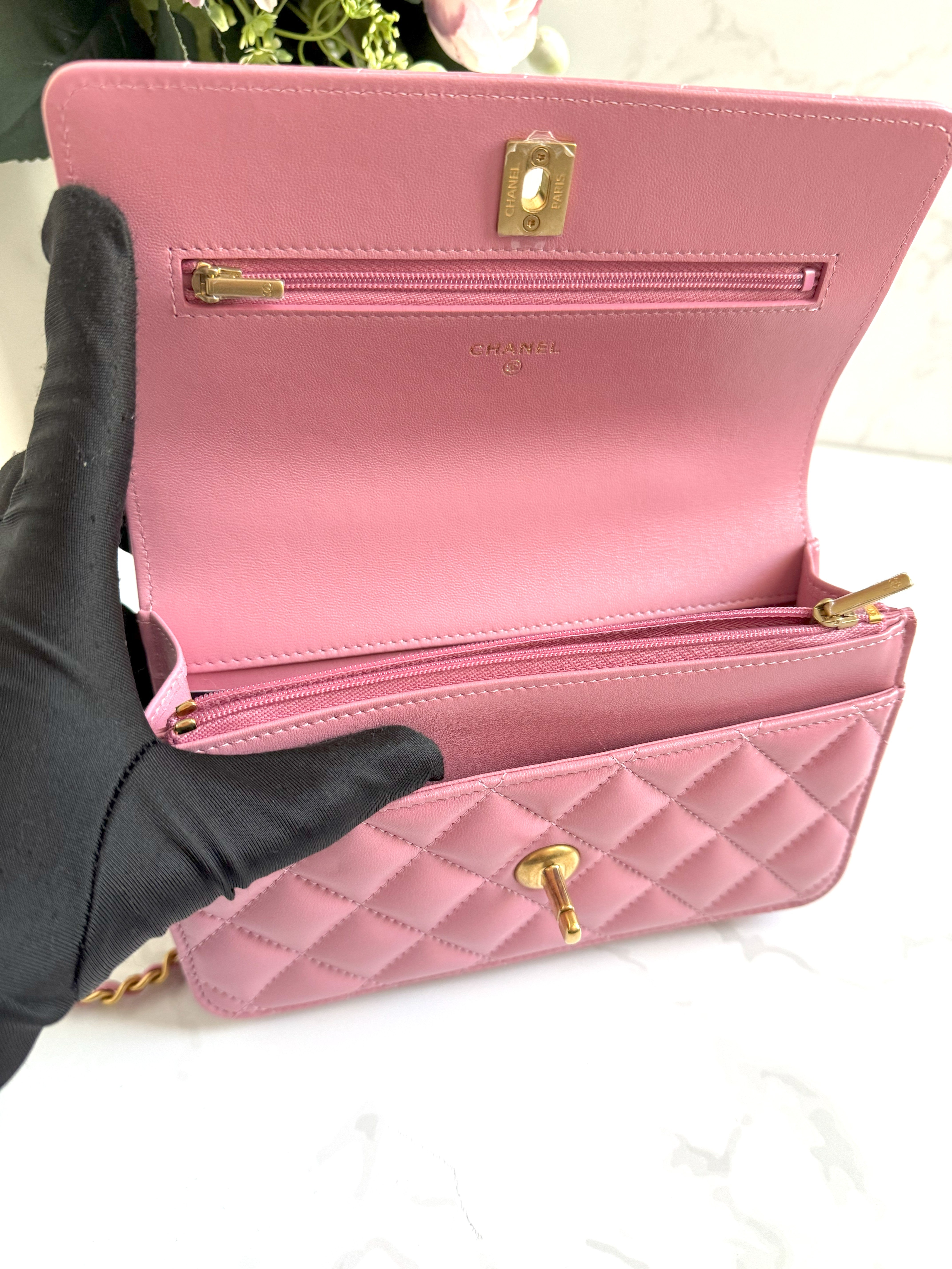 BNIB Chanel O-Mini Top Handle Bag in Pink with Crystal-Embellished Logo Gold HW