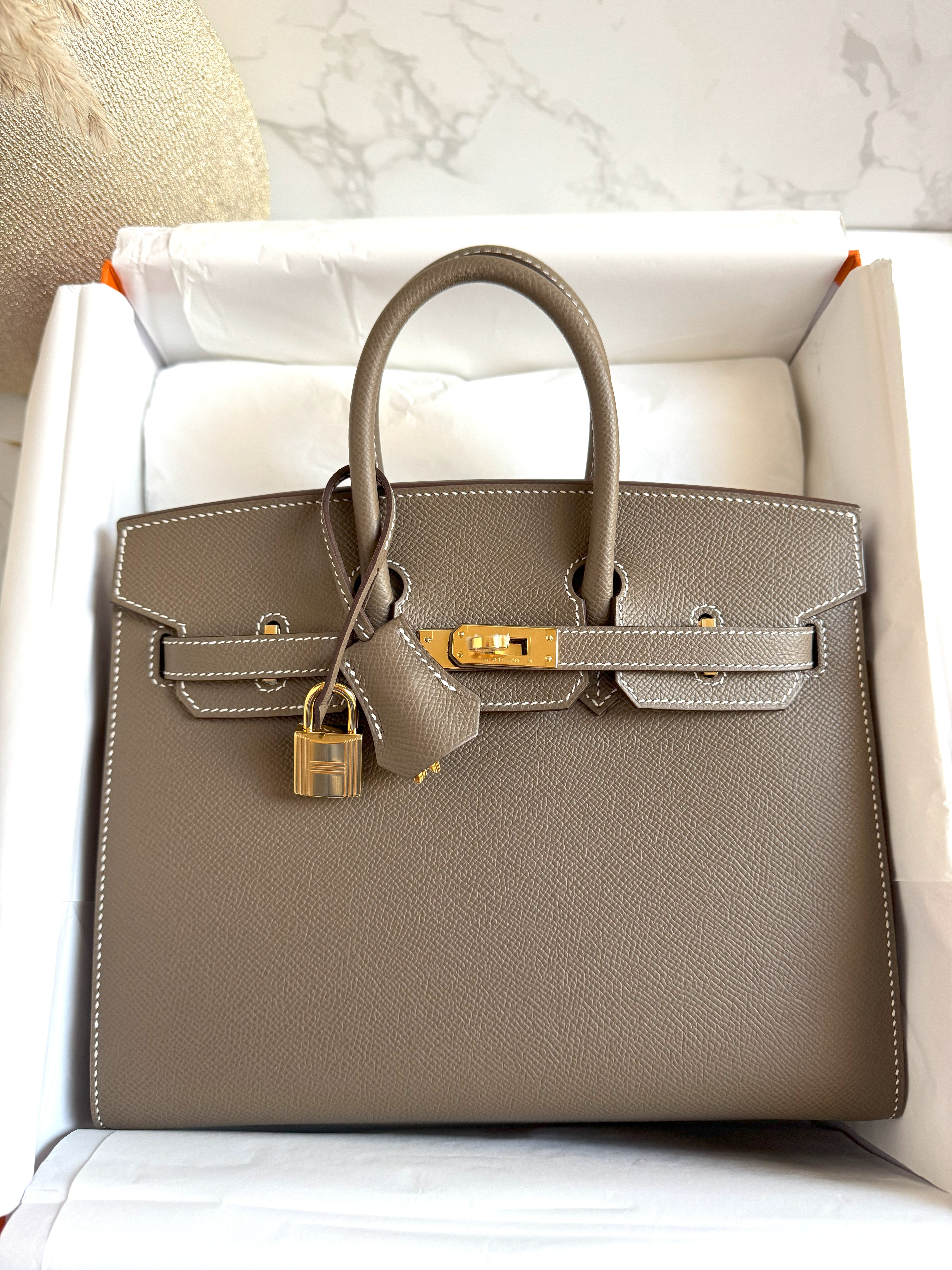 Hermes Birkin 25 Etoupe Epsom Sellier Gold Hardware K Complete Original Receipt