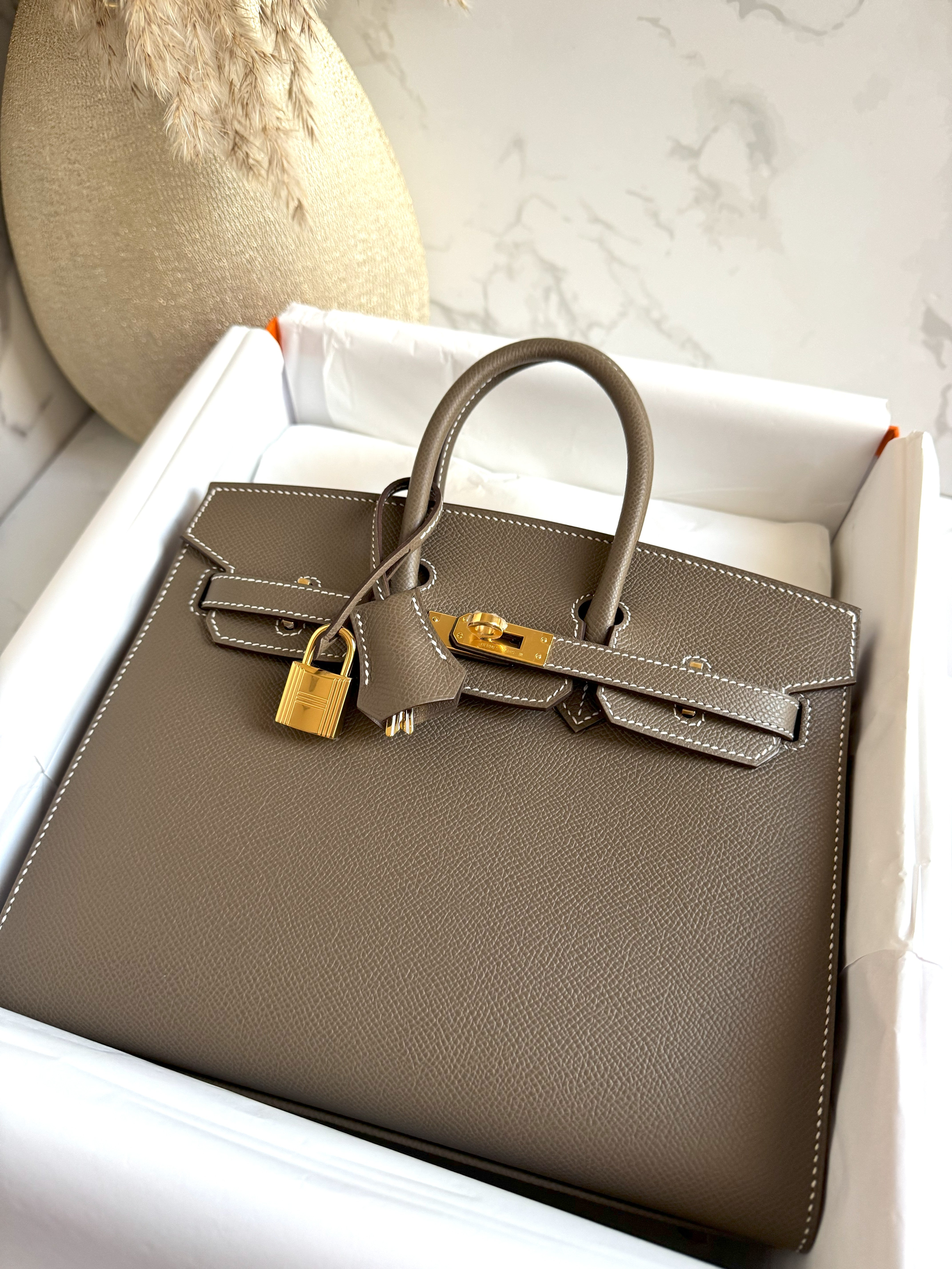 Hermes Birkin 25 Etoupe Epsom Sellier Gold Hardware K Complete Original Receipt