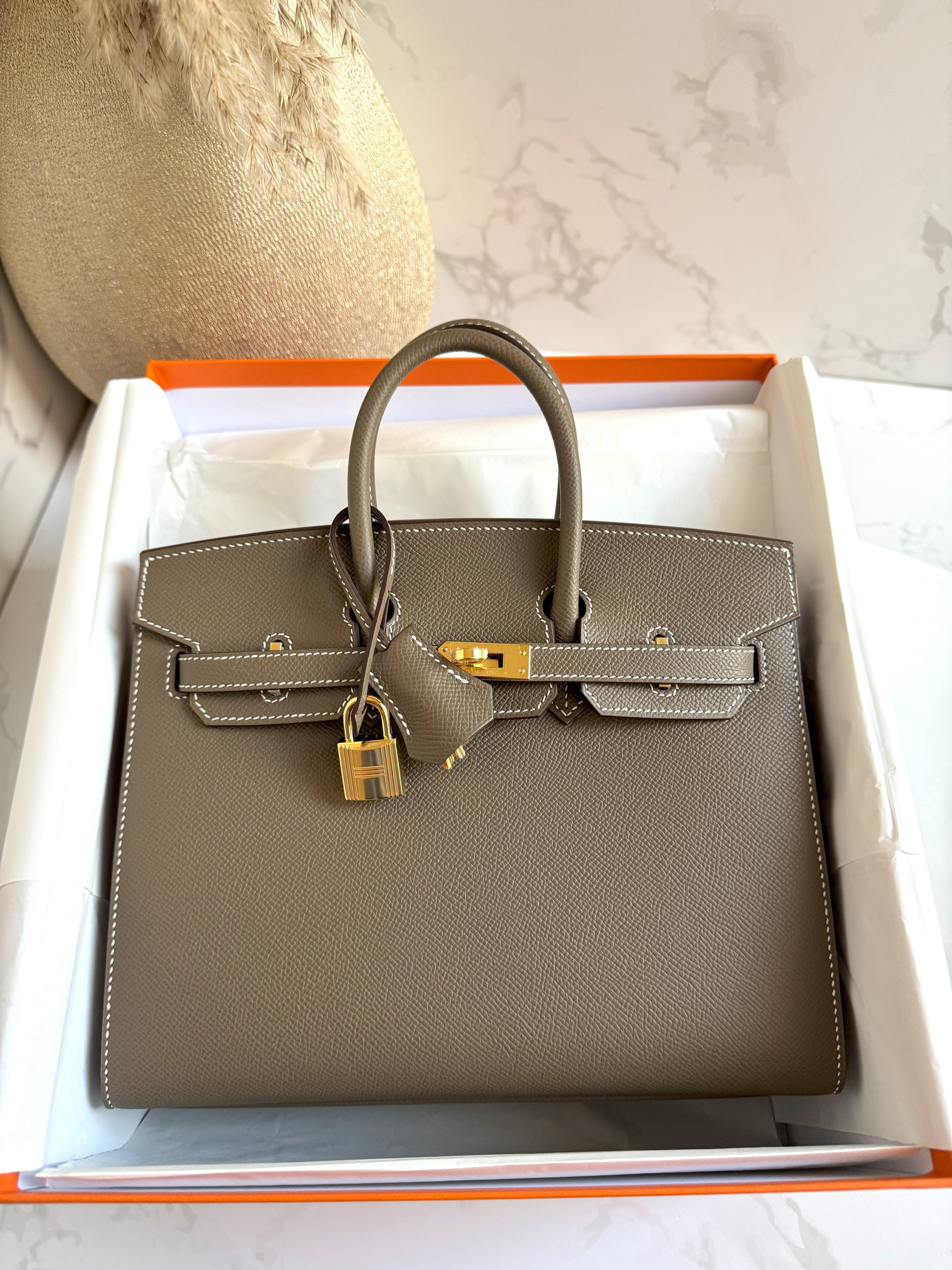 Hermes Birkin 25 Etoupe Epsom Sellier Gold Hardware K Complete Original Receipt