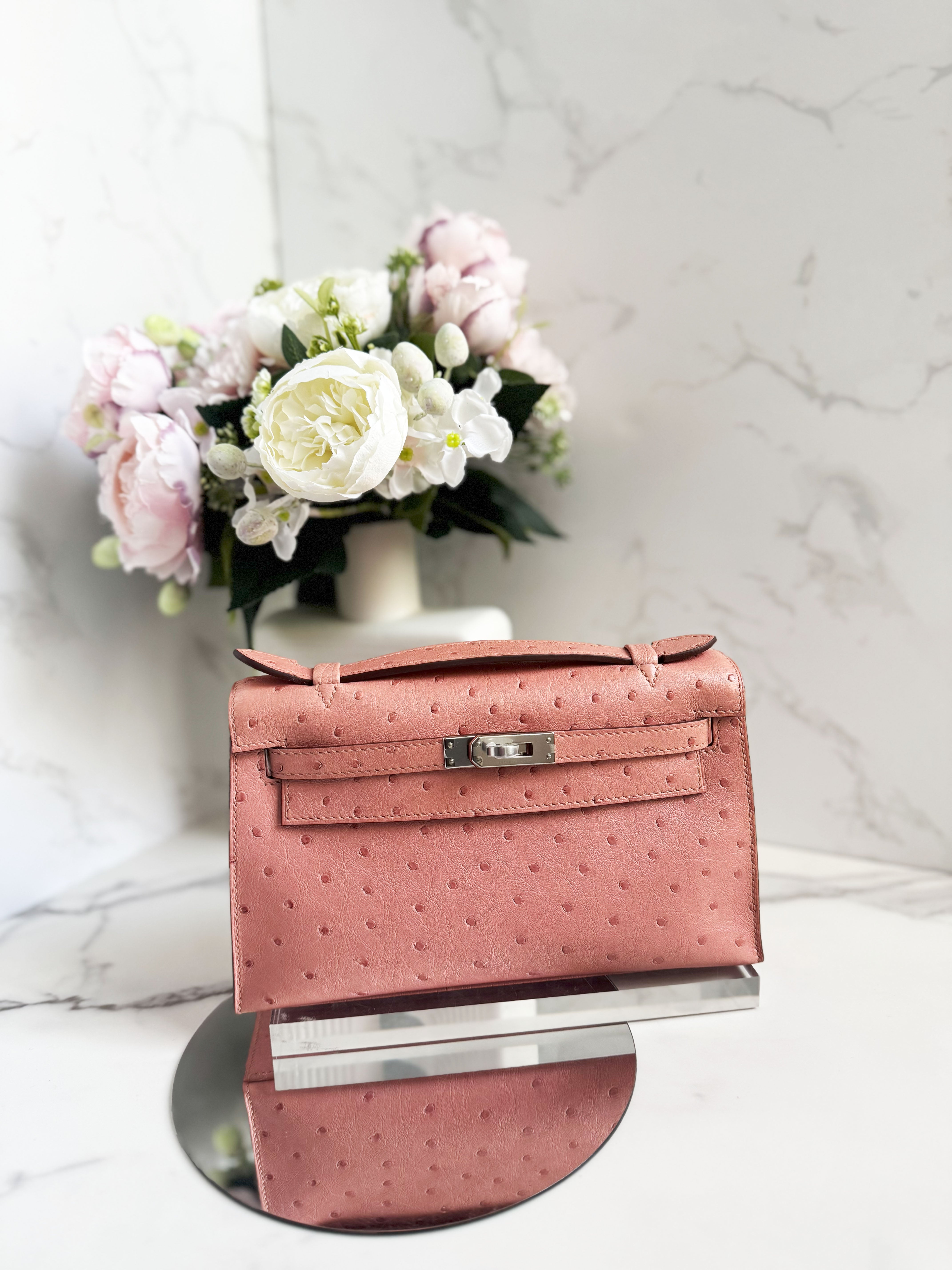 BNIB Hermès Kelly Pochette Clutch Terre Cuite Ostrich with Palladium Hardware