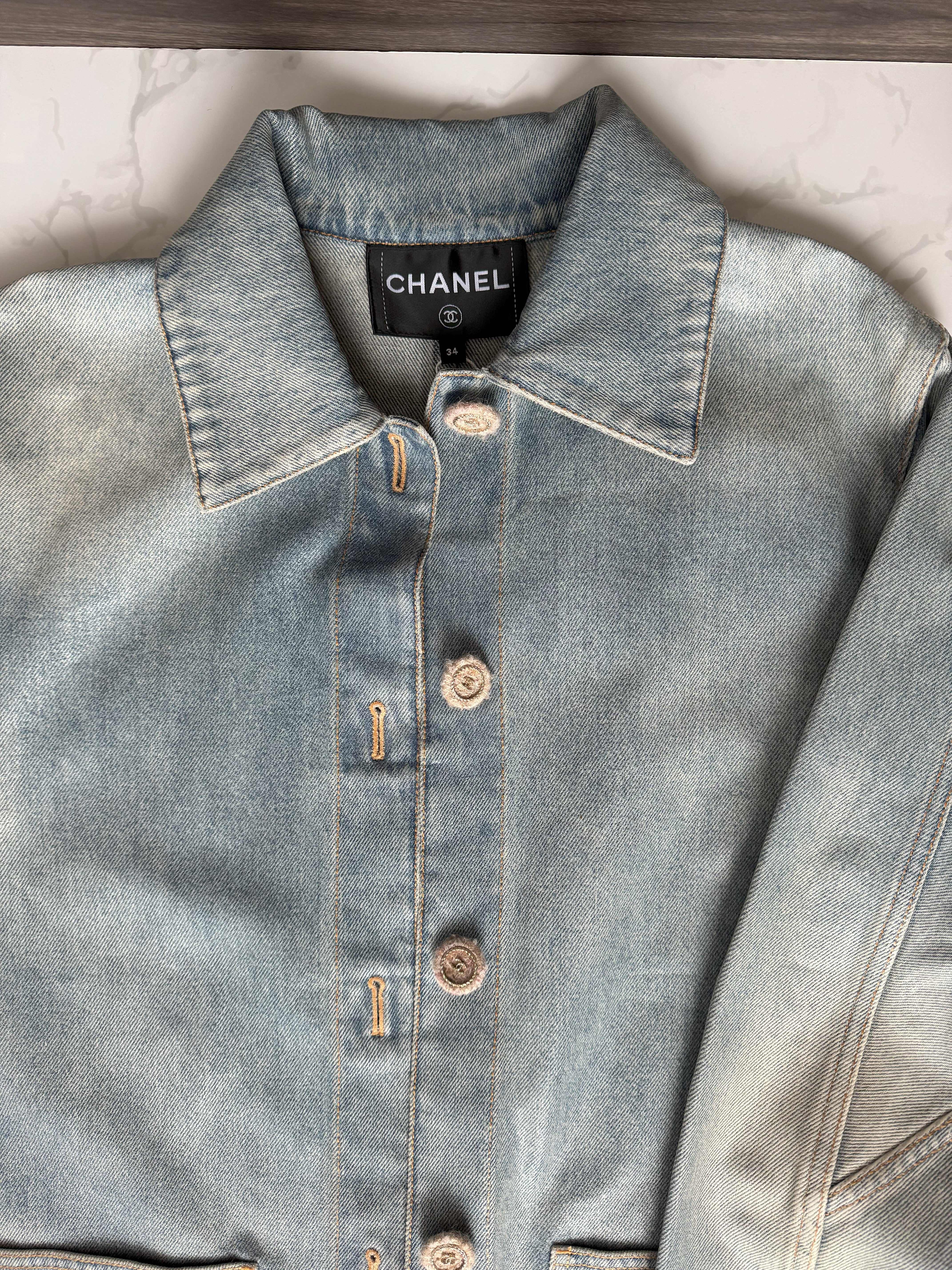 Chanel 24K Water-Repellent Coated Long Oversized Denim Jacket Light Blue Size 34