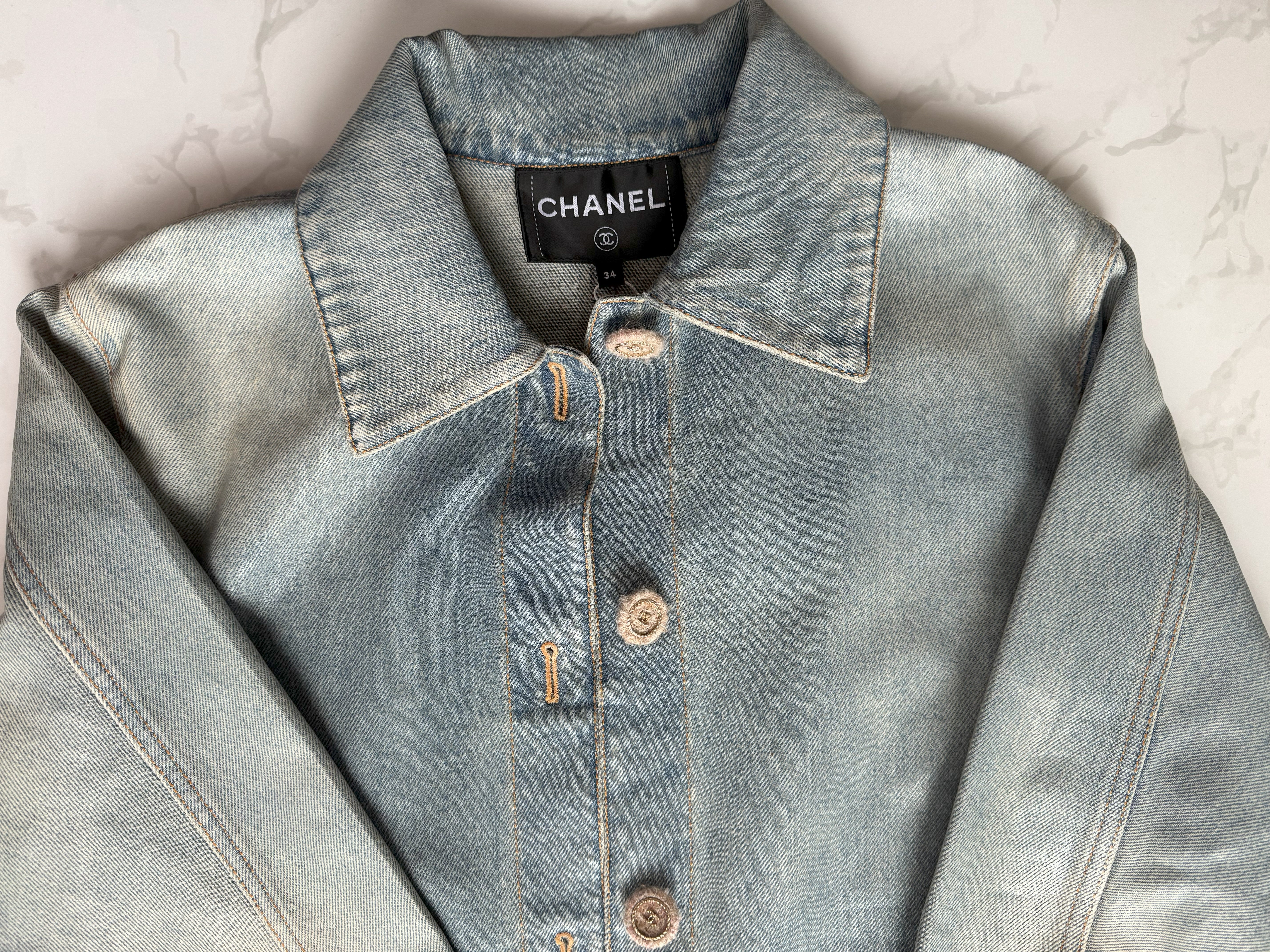 Chanel 24K Water-Repellent Coated Long Oversized Denim Jacket Light Blue Size 34