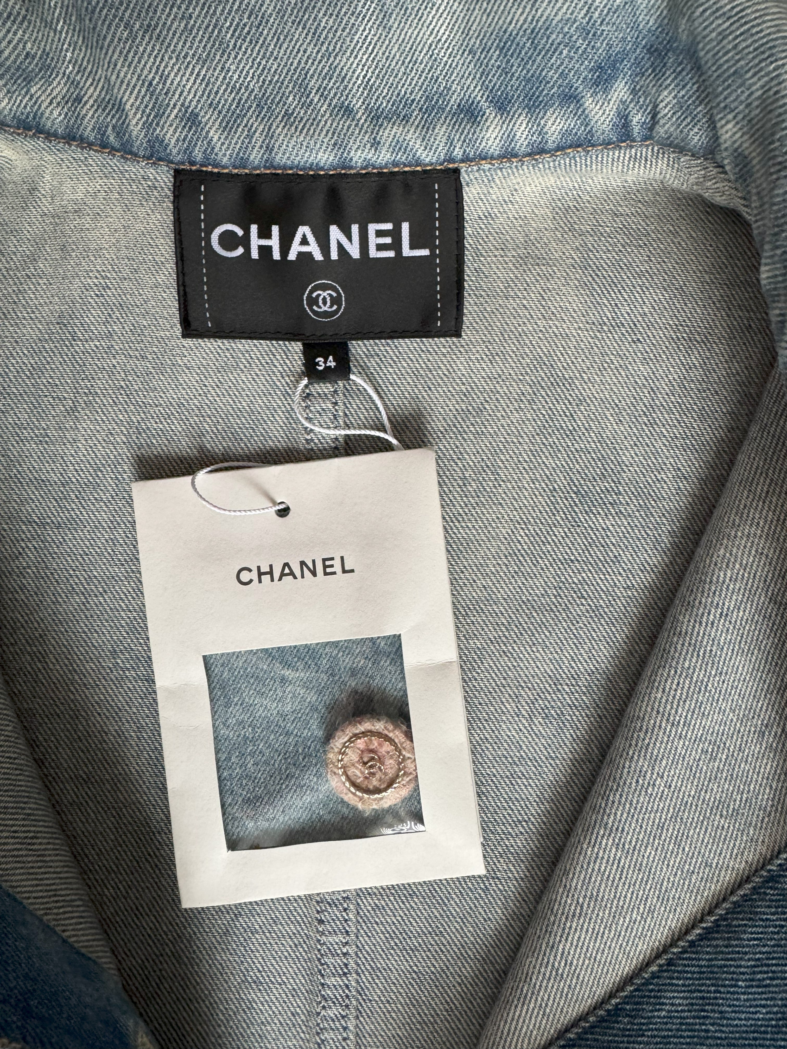 Chanel 24K Water-Repellent Coated Long Oversized Denim Jacket Light Blue Size 34