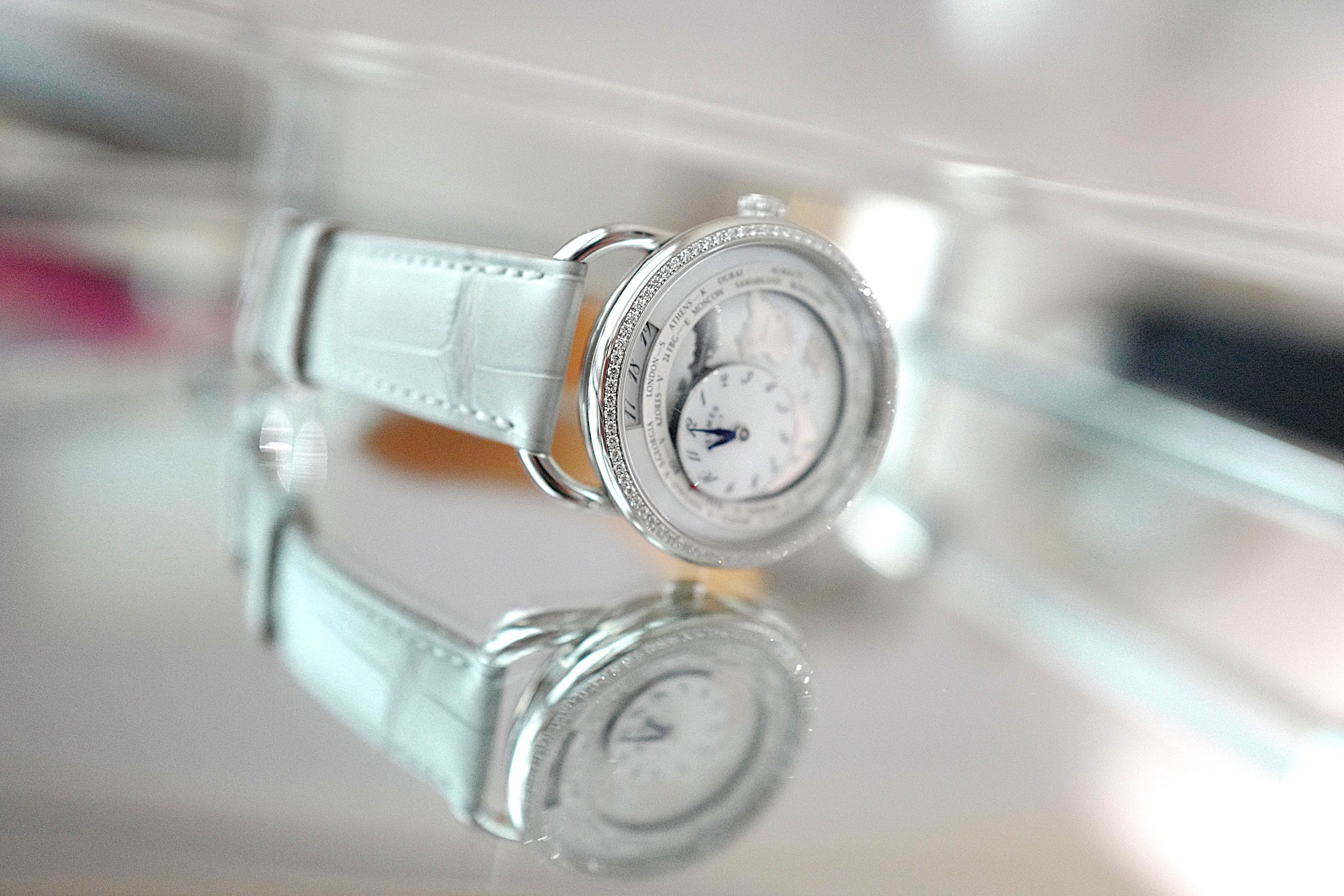 BNIB Hermès Arceau Le Temps Voyageur 38mm Gris Perle Diamonds $38K