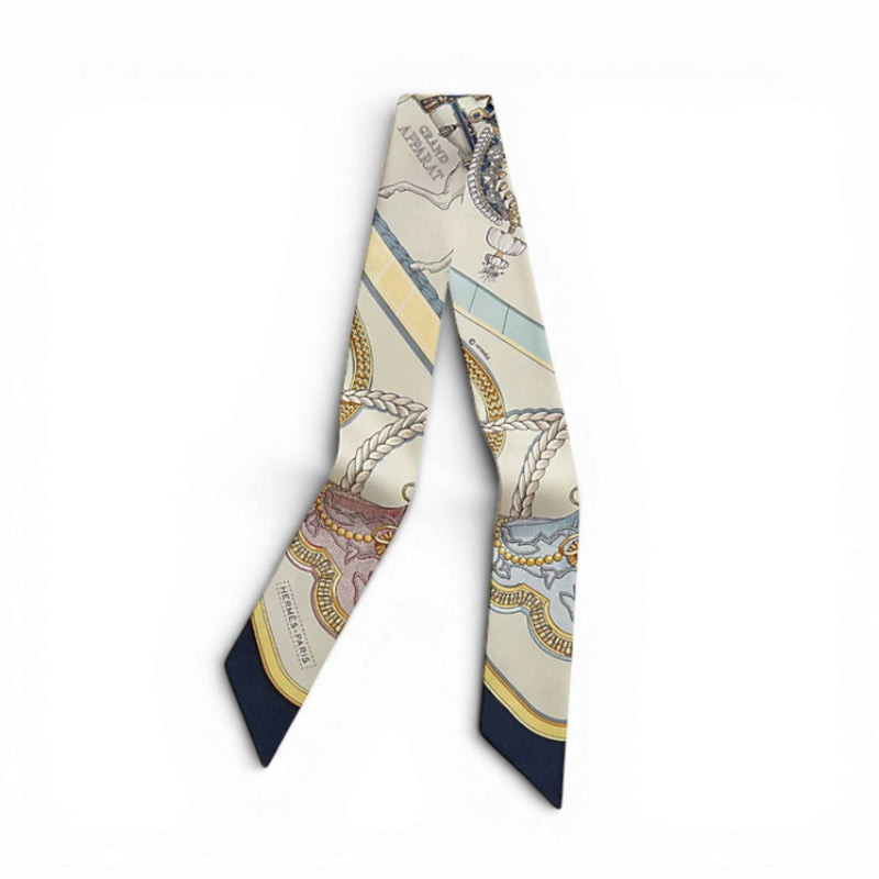Hermès Twilly Grand Apparat Scarf Ivoire Marine Rose 100% Silk Twill