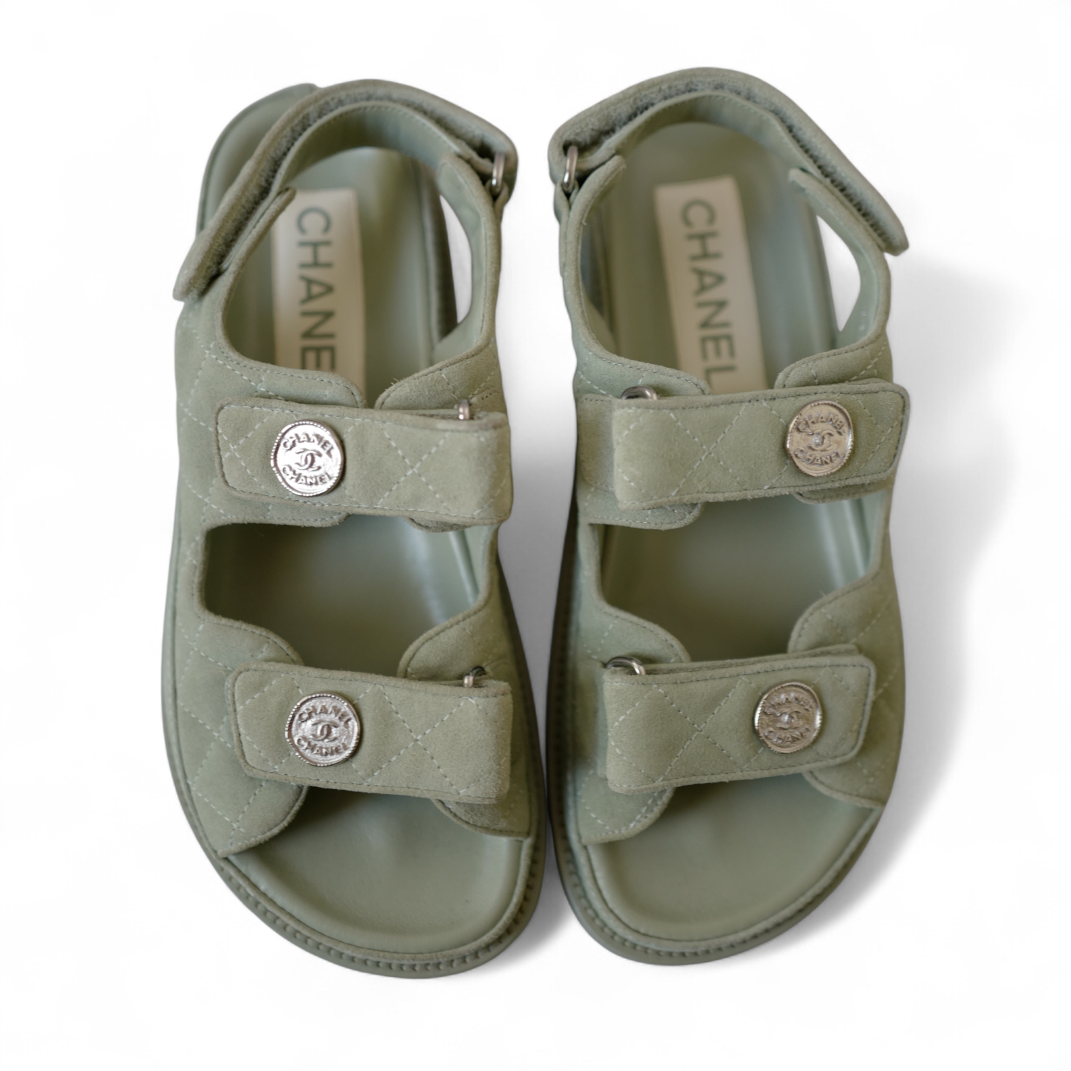 Chanel DAD SANDALS Green SUEDE LEATHER SANDAL Size 37 BNIB