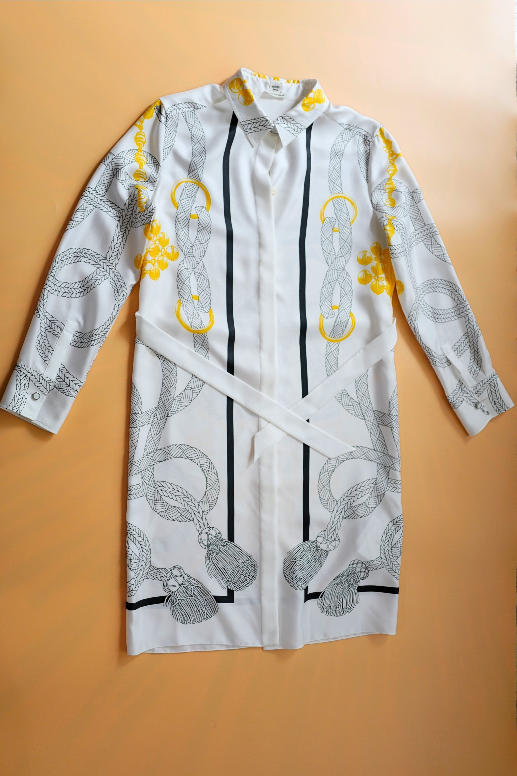 NEW Hermès "Palefroi Remix" Shirt Dress Blanc Nacre Silk Size 36