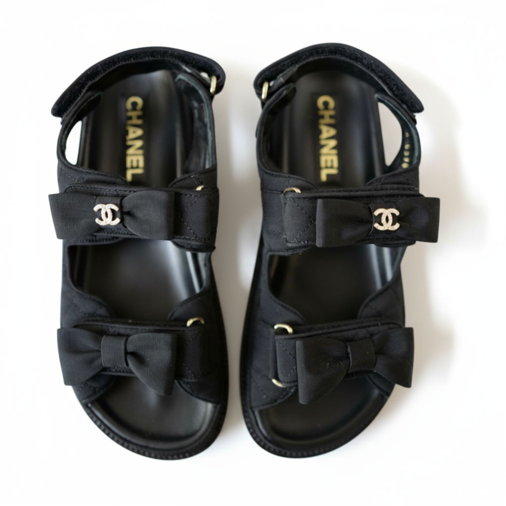BNIB Chanel Dad Sandal CC Crystals In Black With Bows Size 38 - Limited