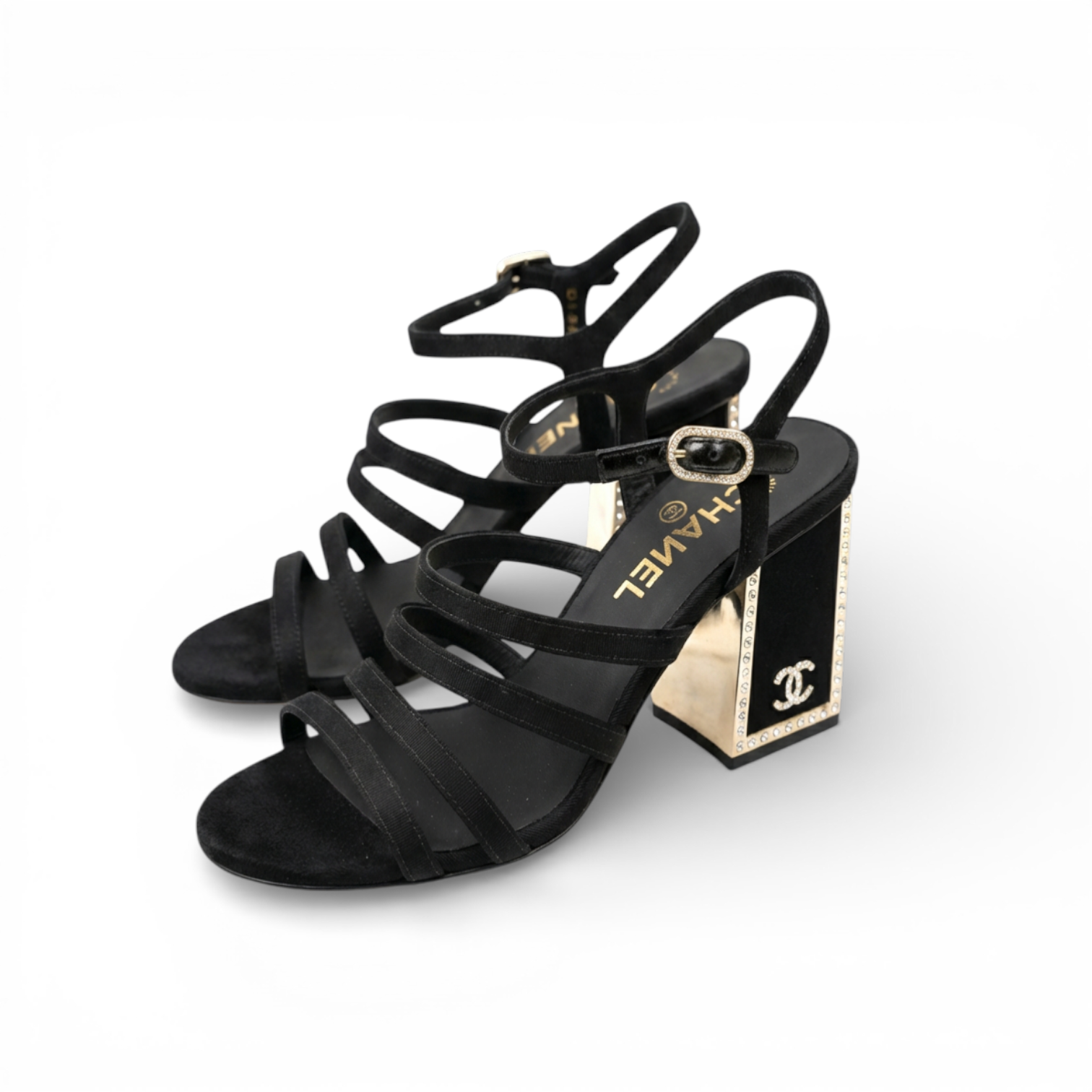 BNIB Chanel 24B Strappy Heels in Black with Crystals Rhinestone Heels size 38