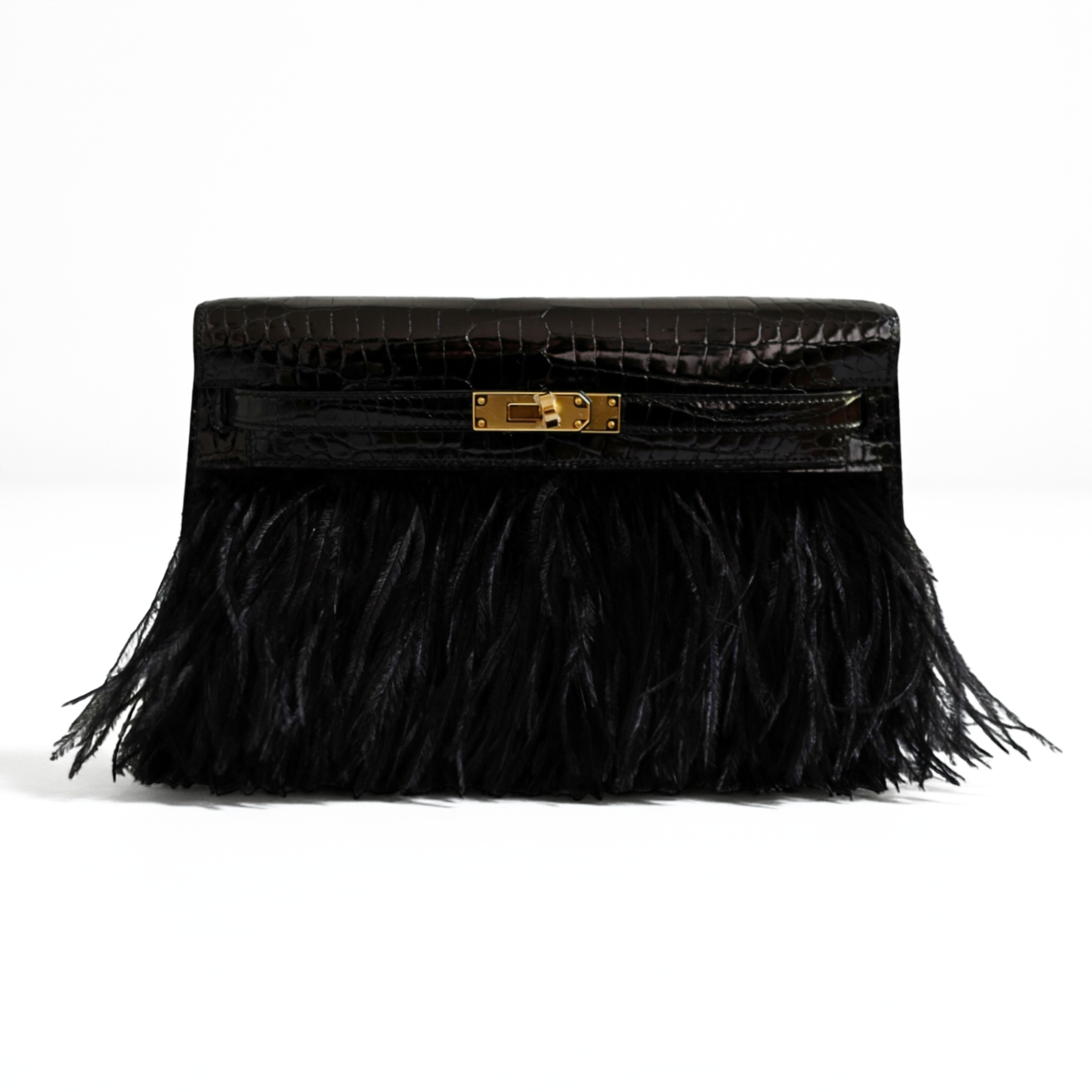 Hermès Kelly Elan Folie Clutch Black Porosus Crocodile & Feather Noir with Gold Hardware