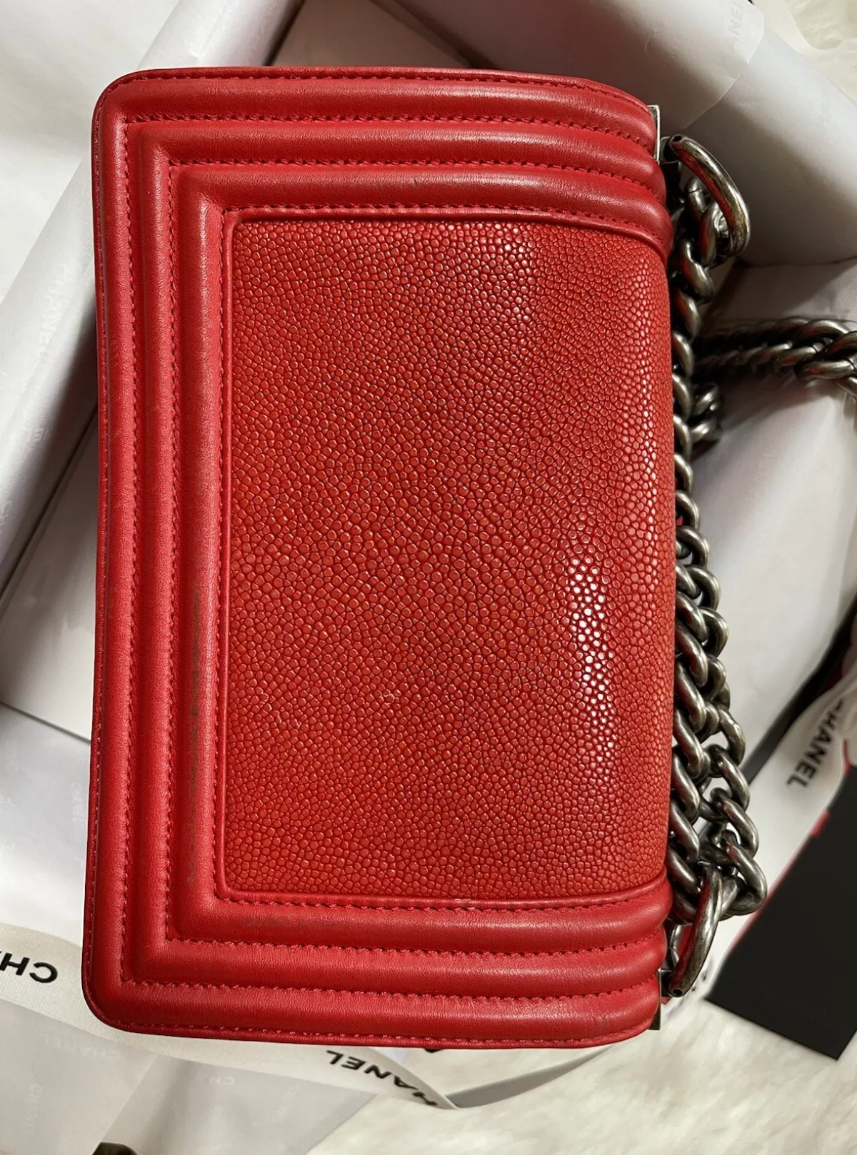 Preloved Chanel Boy Red Small In Stingray Ruthenium HW Limited Edition #18