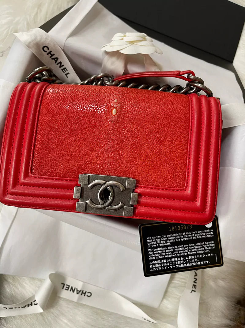 Preloved Chanel Boy Red Small In Stingray Ruthenium HW Limited Edition #18