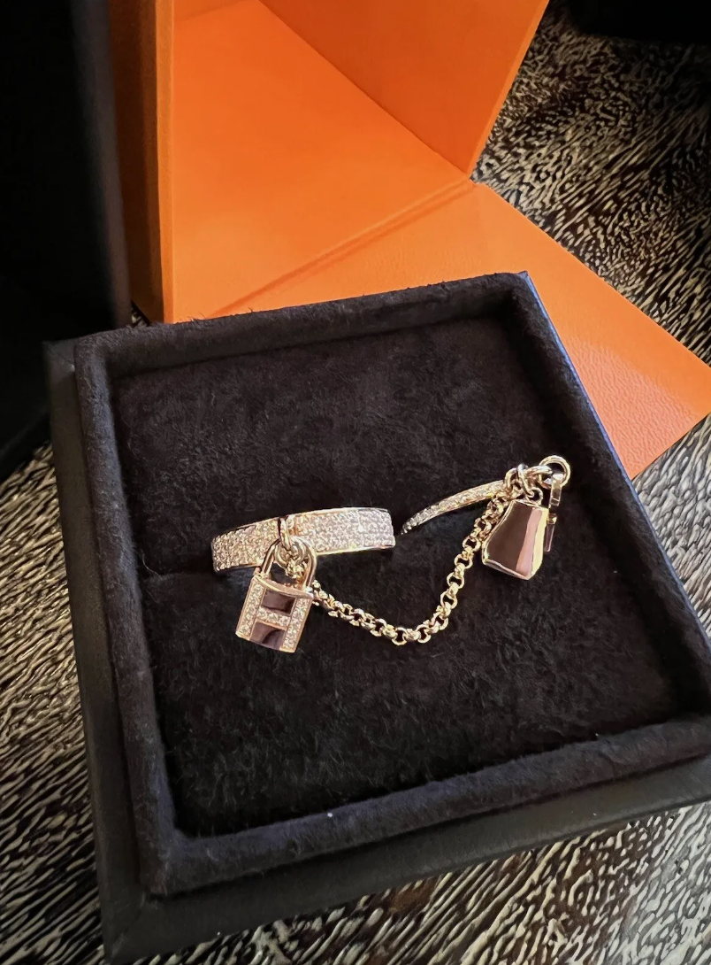 NEW Hermes Bague Double Kelly Cadenas Ring RoseGold Diamonds Size 52 $17K Retail