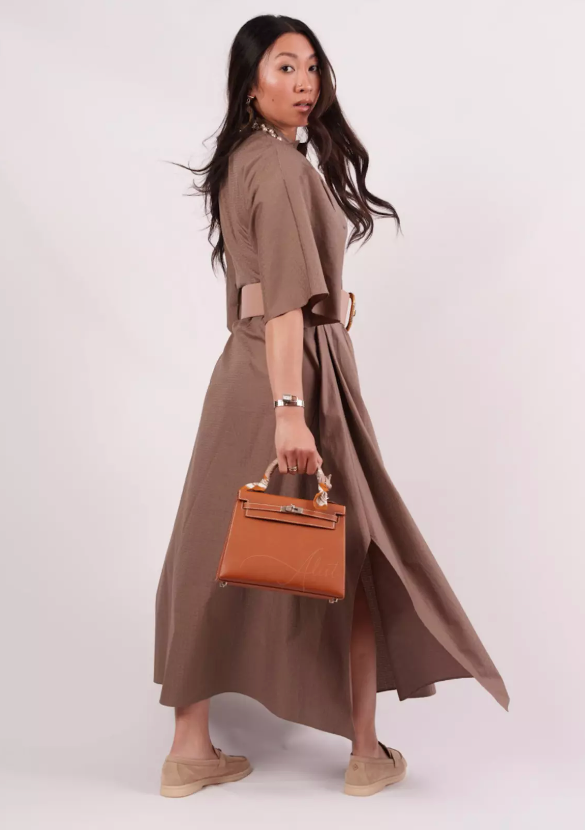 BNIB Hermes Robe Inspi Mosaique Caftan Dress Gris Etoupe Size 34 $3500 Retail