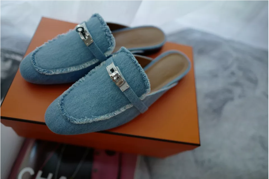 BNIB Hermes Women's Oz Mule Canvas in Denim Blue Clair with Palladium Size 38