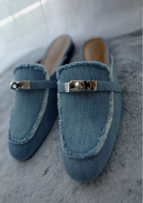 BNIB Hermes Women's Oz Mule Canvas in Denim Blue Clair with Palladium Size 38