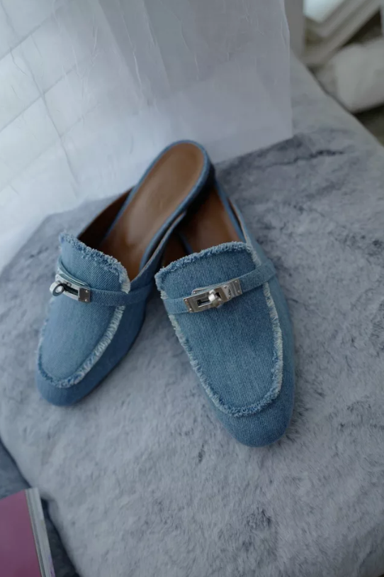 BNIB Hermes Women's Oz Mule Canvas in Denim Blue Clair with Palladium Size 38