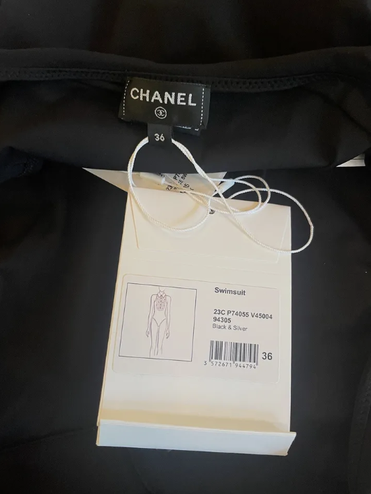 Chanel 23C Black Crystal Collar CC Logo One Piece Swimsuit Runway Bathing 36