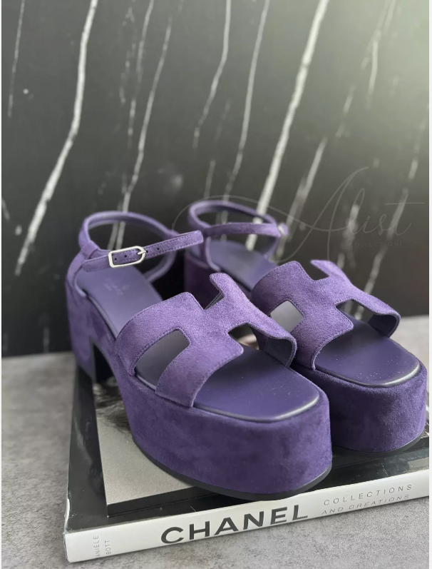 BNIB Hermes Jam 30 H Sandal Wedges Suede In Violet/Amethyst Size 38