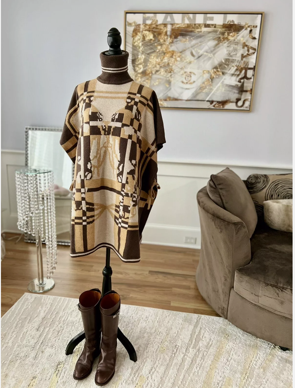 Hermes Brides De Gala Tartan Poncho in Beige Chine size 34 BNIB