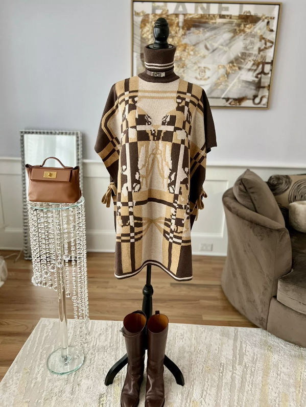 Hermes Brides De Gala Tartan Poncho in Beige Chine size 34 BNIB