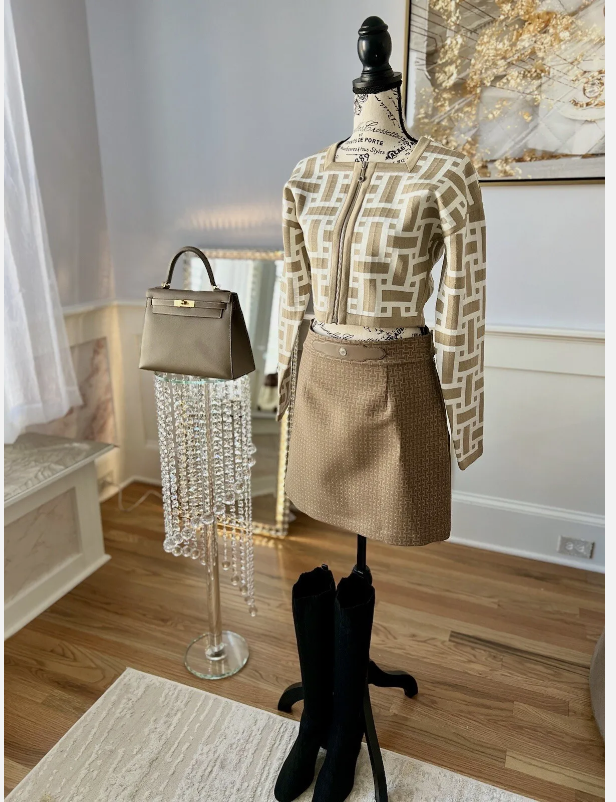 NEW Hermes Mosaique Short Zipped Jacket 38 Beige/Toast $3500 Retail