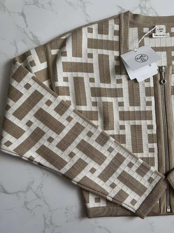 NEW Hermes Mosaique Short Zipped Jacket 38 Beige/Toast $3500 Retail
