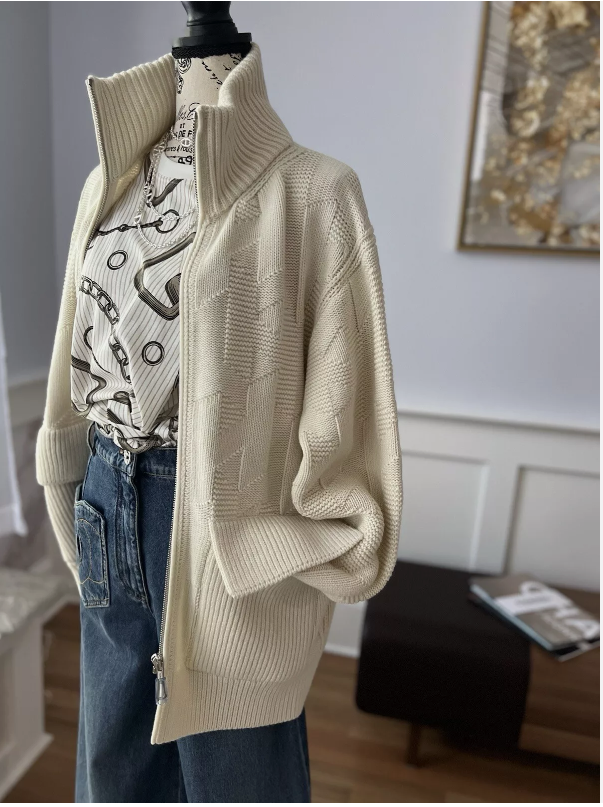 NEW Hermes "H" zipped Blanc Naturel Oversized Cardigan Size 36 Retail Over $3K