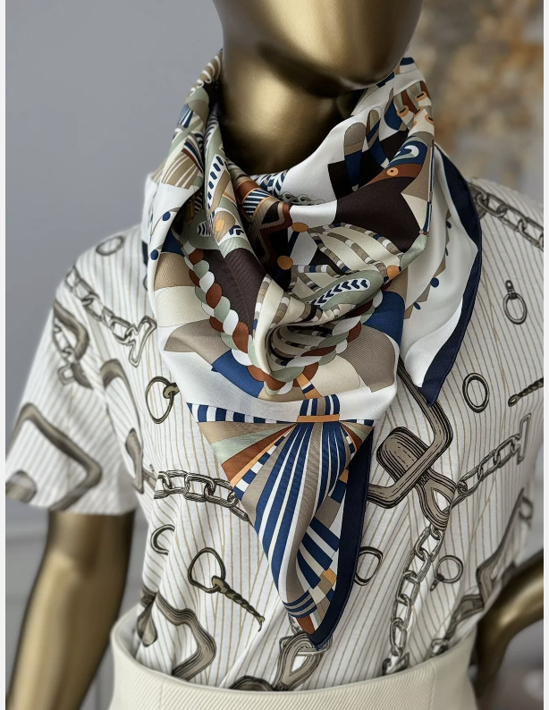 NEW Hermes aute Parure scarf 90 Bleu Noir / Blanc / Marron