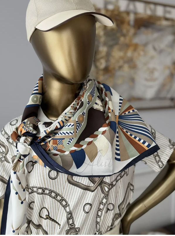 NEW Hermes aute Parure scarf 90 Bleu Noir / Blanc / Marron