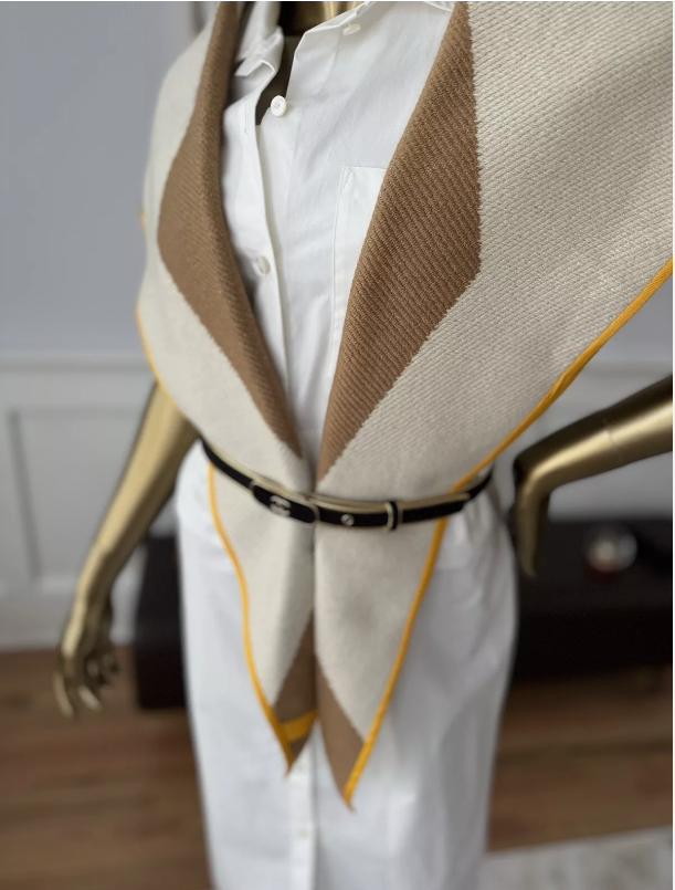 NEW Hermes Losange Cashmere De Coupe Ivoire/Caramel Reversible Shawl