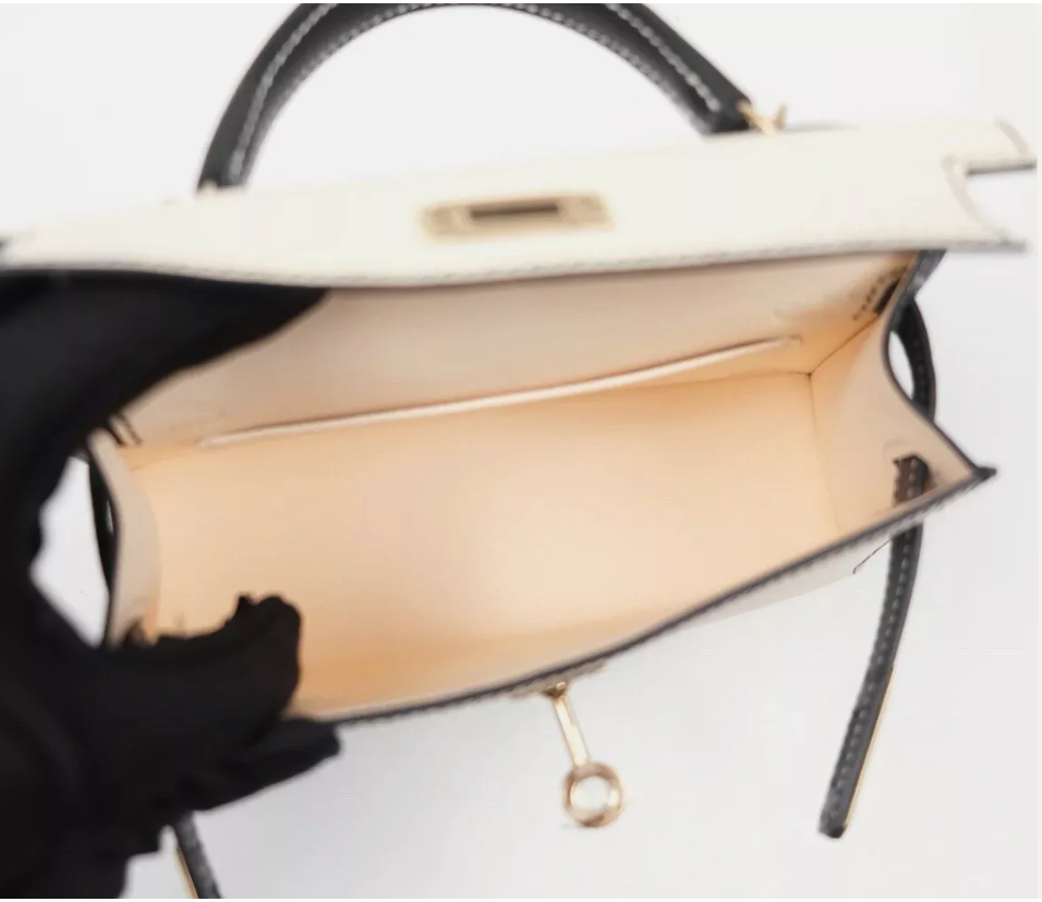 New Hermes Mini kelly 20 HSS Craie/Noir Black Epsom Permabrass HW 2023 Complete