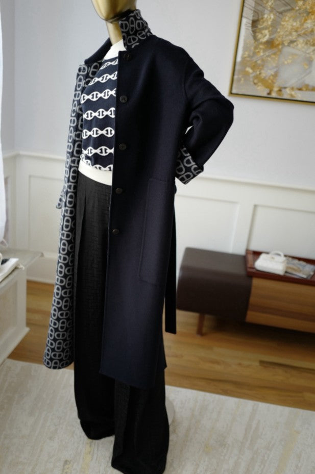 NEW Hermes Chaine d'Ancre Double Cashmere Long Coat in Bleu Marine size 36