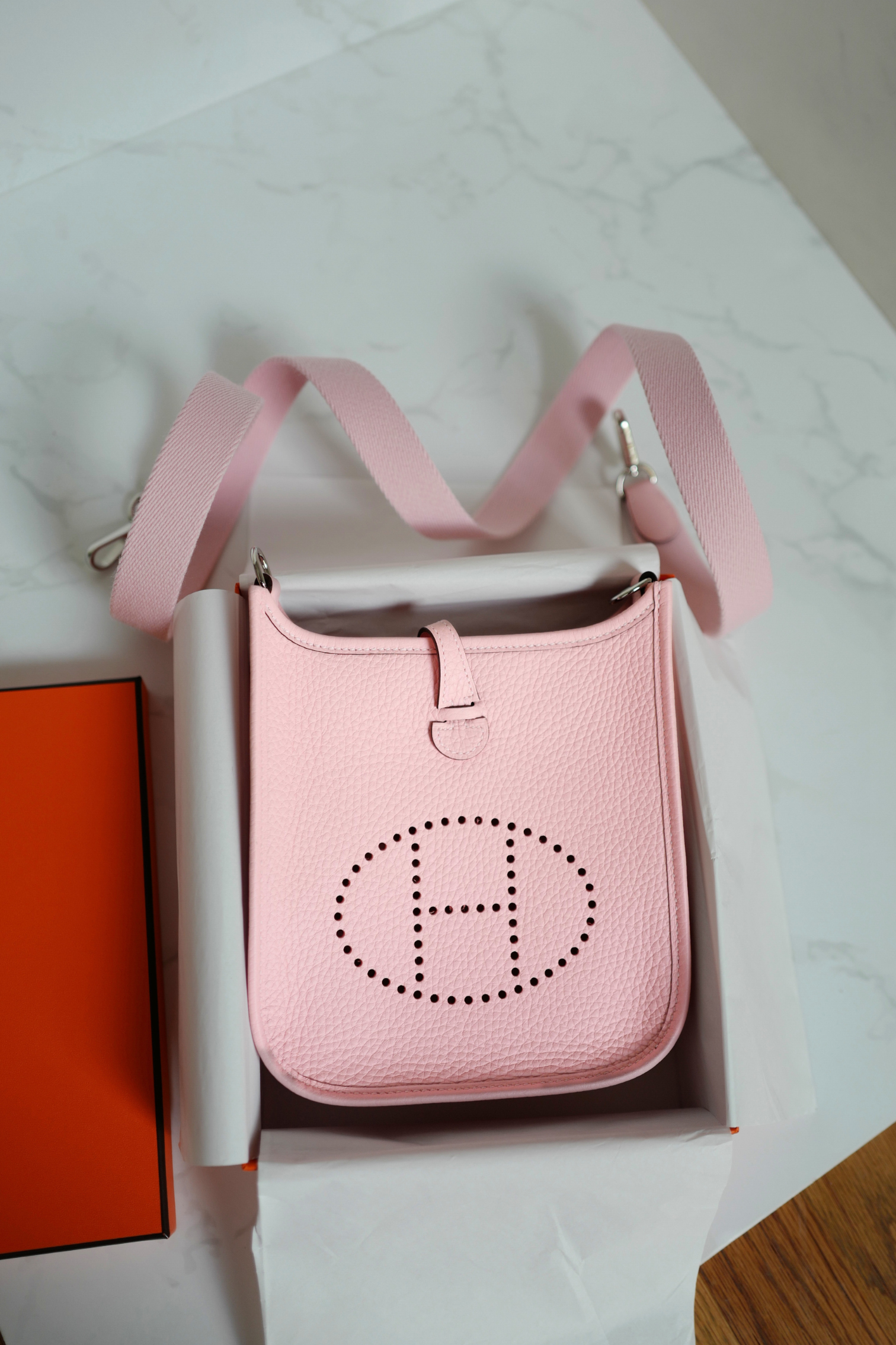 BNIB Hermès Mini Evelyne Bag Rose Sakura Clemence Leather Palladium Hardware